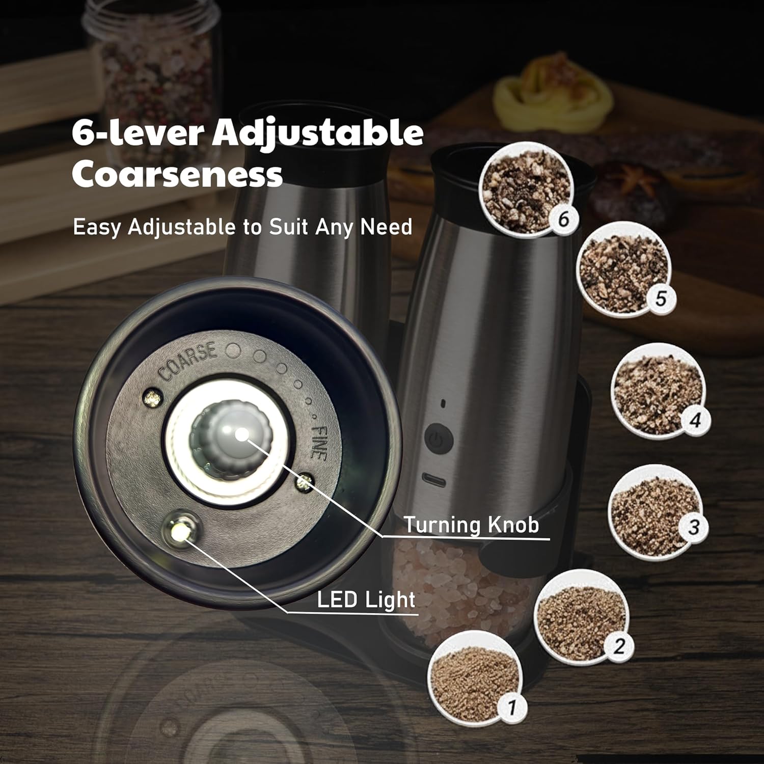 Electric Salt and Pepper Grinder Set, Type-C USB Rechargeable, Automatic Mill with Adjustable Coarseness, Stainless Steel, LED Light, 90ml Capacity, Kitchen Appliances for cooks 2 Pack