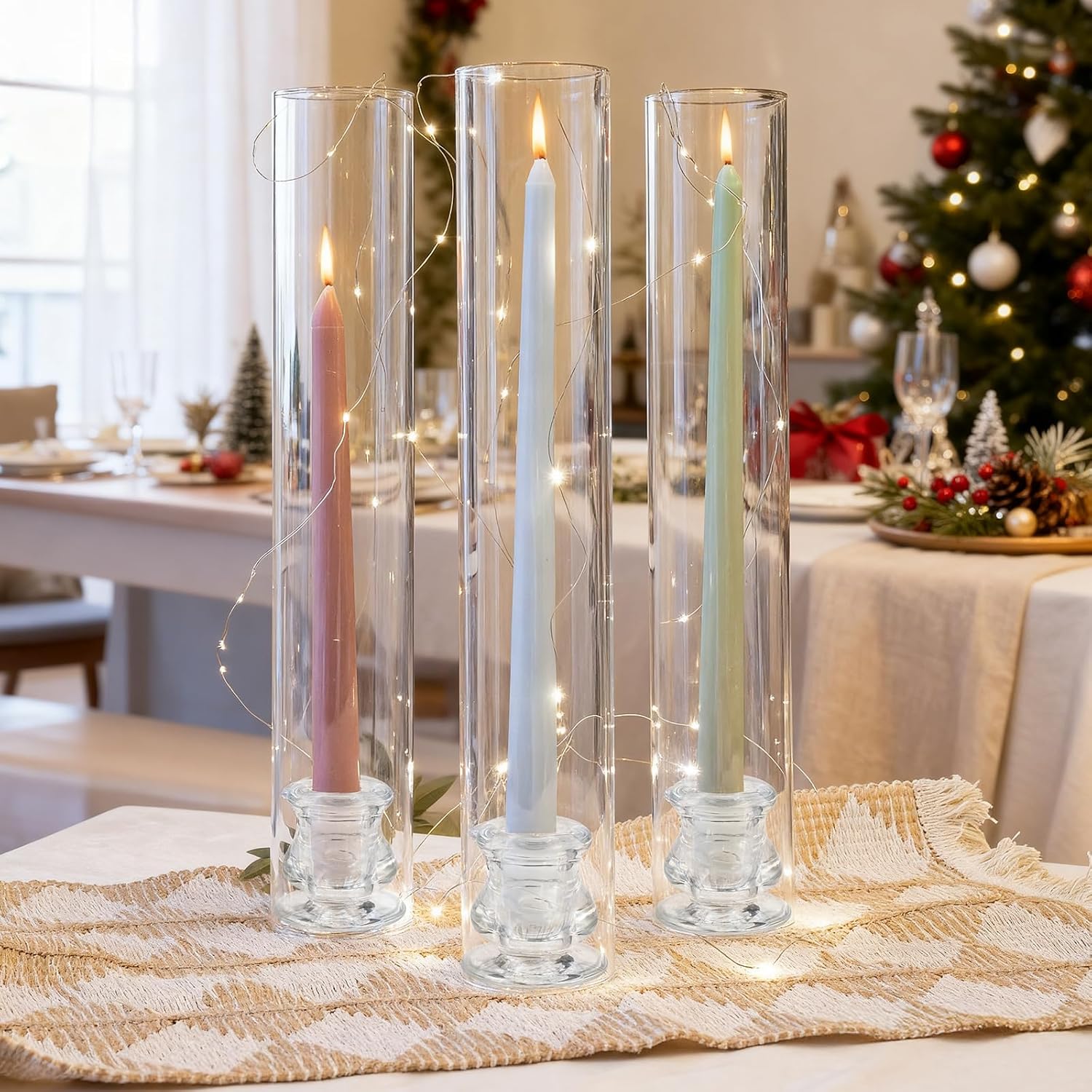 Hurricane Glass Candle Holders Set of 16, 11.8" H Clear Cylinder Windproof Candle Holder Chimney Tubes, Taper Glass Candlestick Holders for Home Decor Wedding Party Table Centerpieces