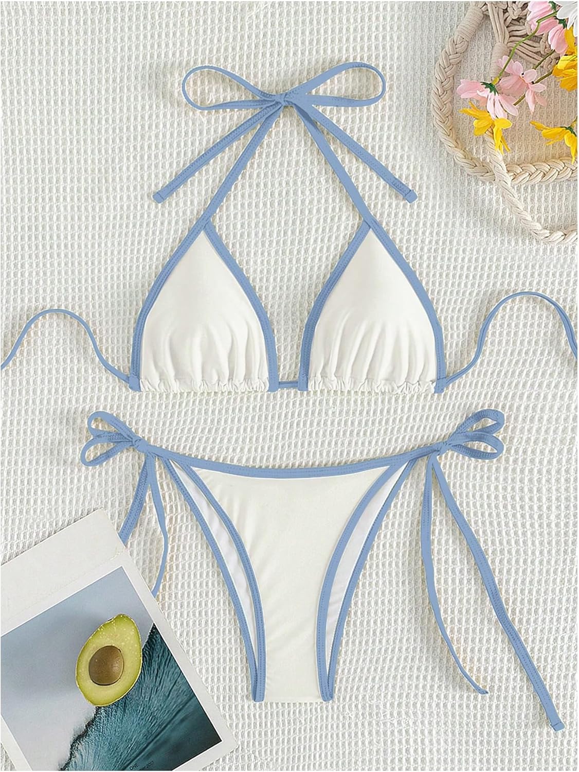 GORGLITTER Women's Contrast Binding Triangle Bathing Suit Halter Swimsuit Tie Side Thong Bikini Set - Image 5