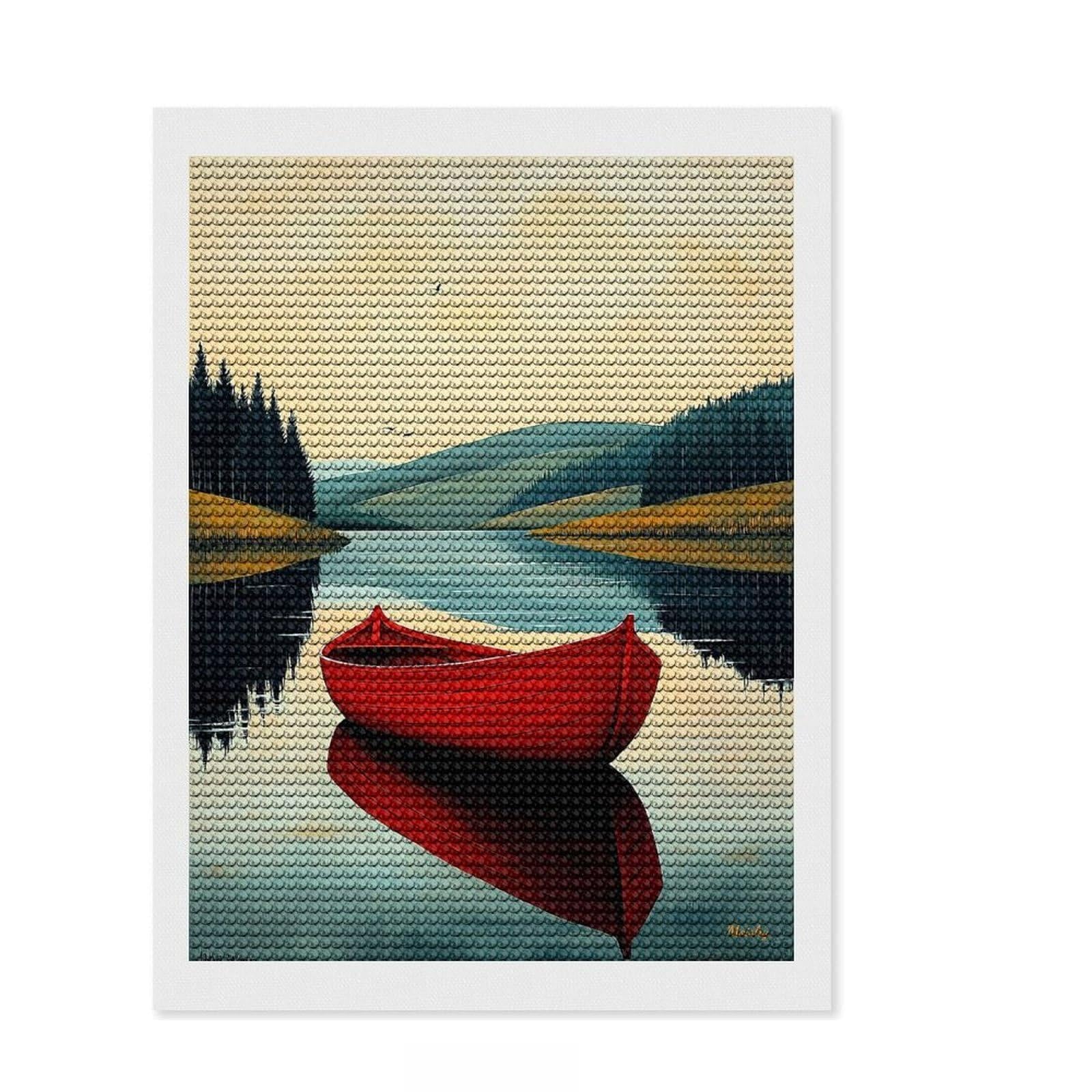 Junmoney Red Boat Reflection – Naïf Serene Lake Art Crystal Diamond Art Kit 12"x16", Vintage Style Decor, Stress Relief Craft, Thoughtful Present, Aesthetic Room Decor