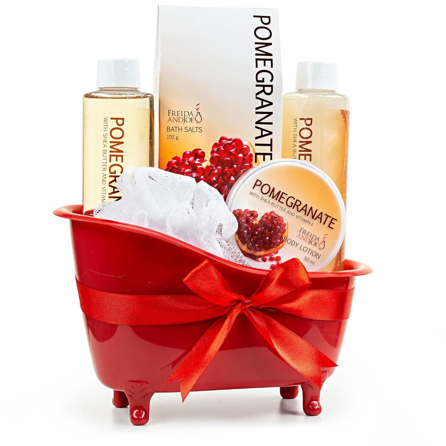 Red Pomegranate Home Spa Bath Basket – Bath & Body Set For Women – Contains Shower Gel, Bubble Bath, Body Lotion, Pomegranate Bath Salt & Pouf in Red Tub