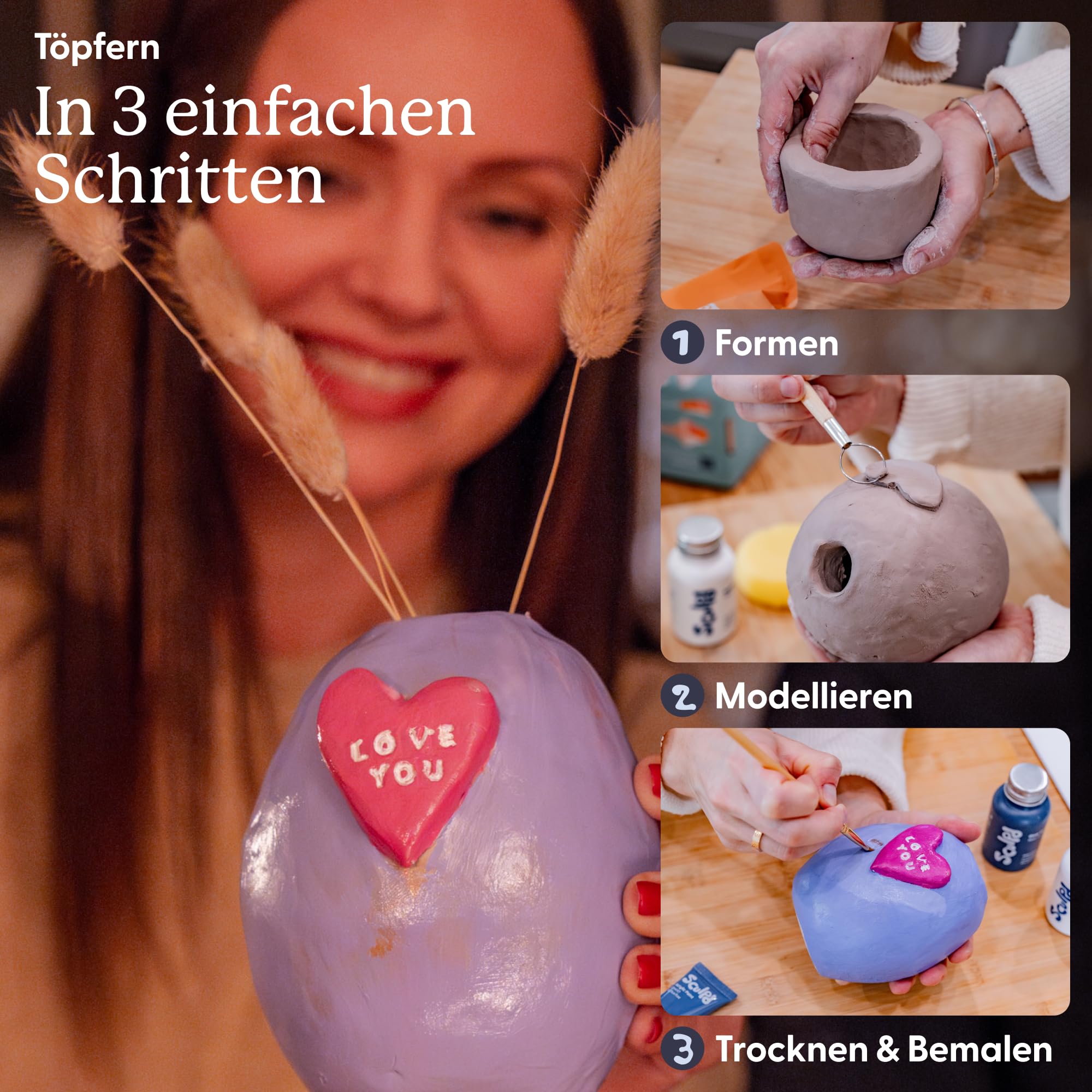 Sculpd – Das originale Töpfer-Set, Komplettes lufttrocknendes Ton-Set für Erwachsene, inklusive Modellierwerkzeugen, Lack, Pinseln, Anleitungen sowie Kunst & Bastelset, Glanzlack mit Pastelltönen