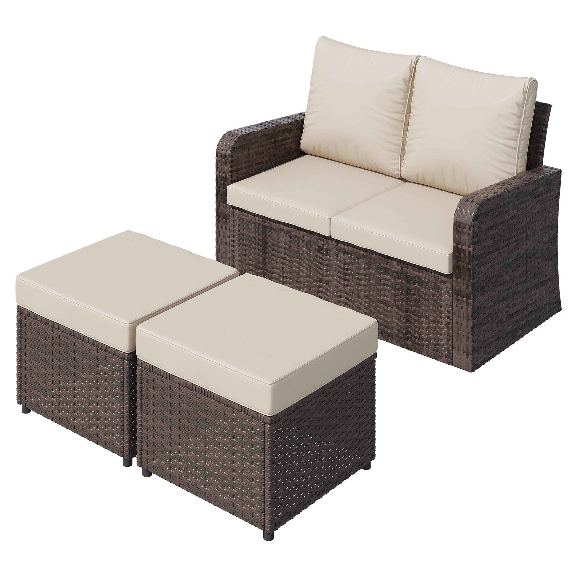 HOMREST Outdoor Patio Couch Sofa, All-Weather PE Wicker Loveseat Couch, Outdoor Seating Patio Furniture Sofa with Ottoman &amp; Cushions, Modern Garden Furniture for Deck, Balcony, Porch(Khaki)