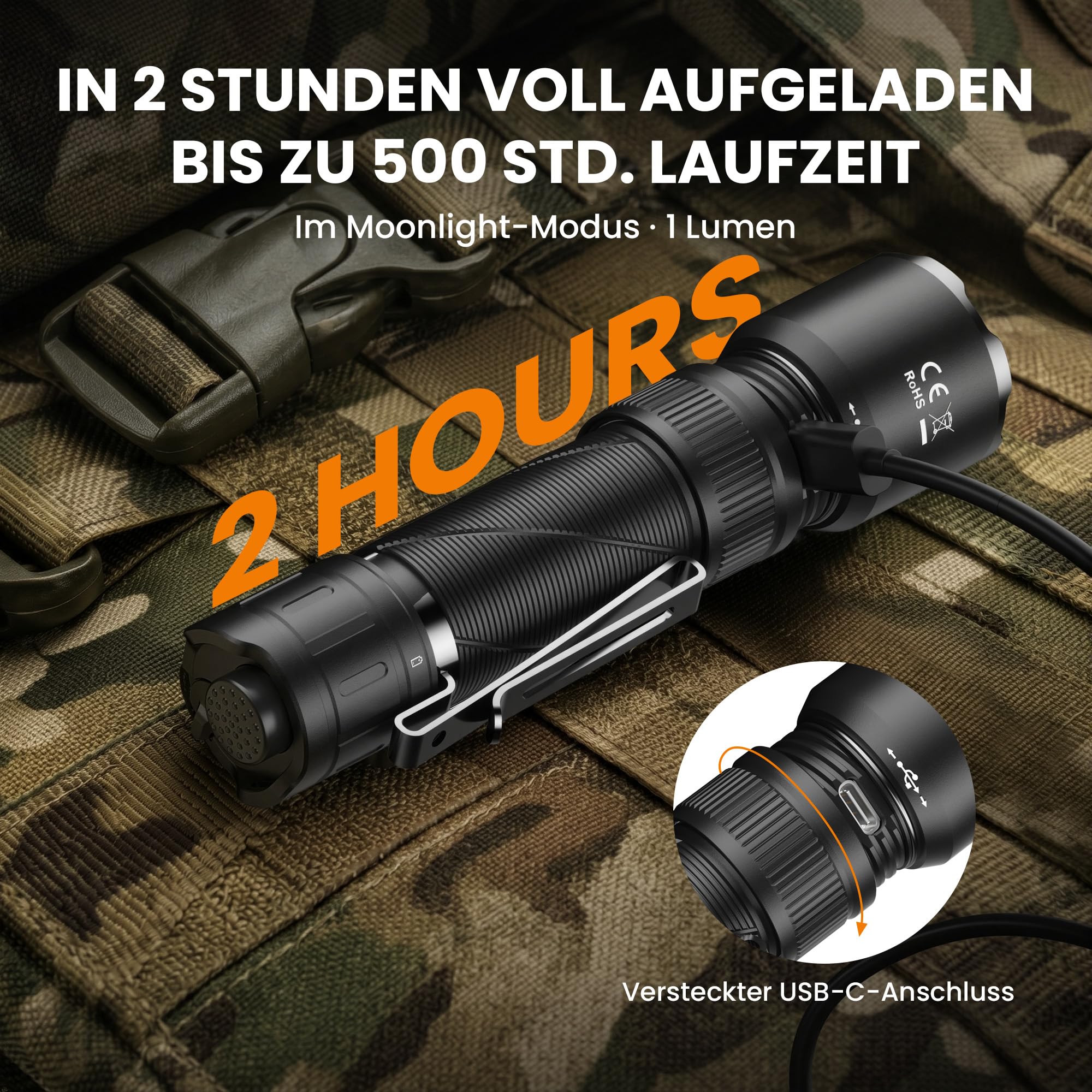 Sofirn SK31 Taktische Taschenlampe LED Aufladbar 6800lm, 395m, IPX8 | 6800 Lumen, 395m Reichweite, 9 Modi, USB-C Aufladbar, IPX8 Wasserdicht, Taktisch, Outdoor, Camping, Selbstverteidigung