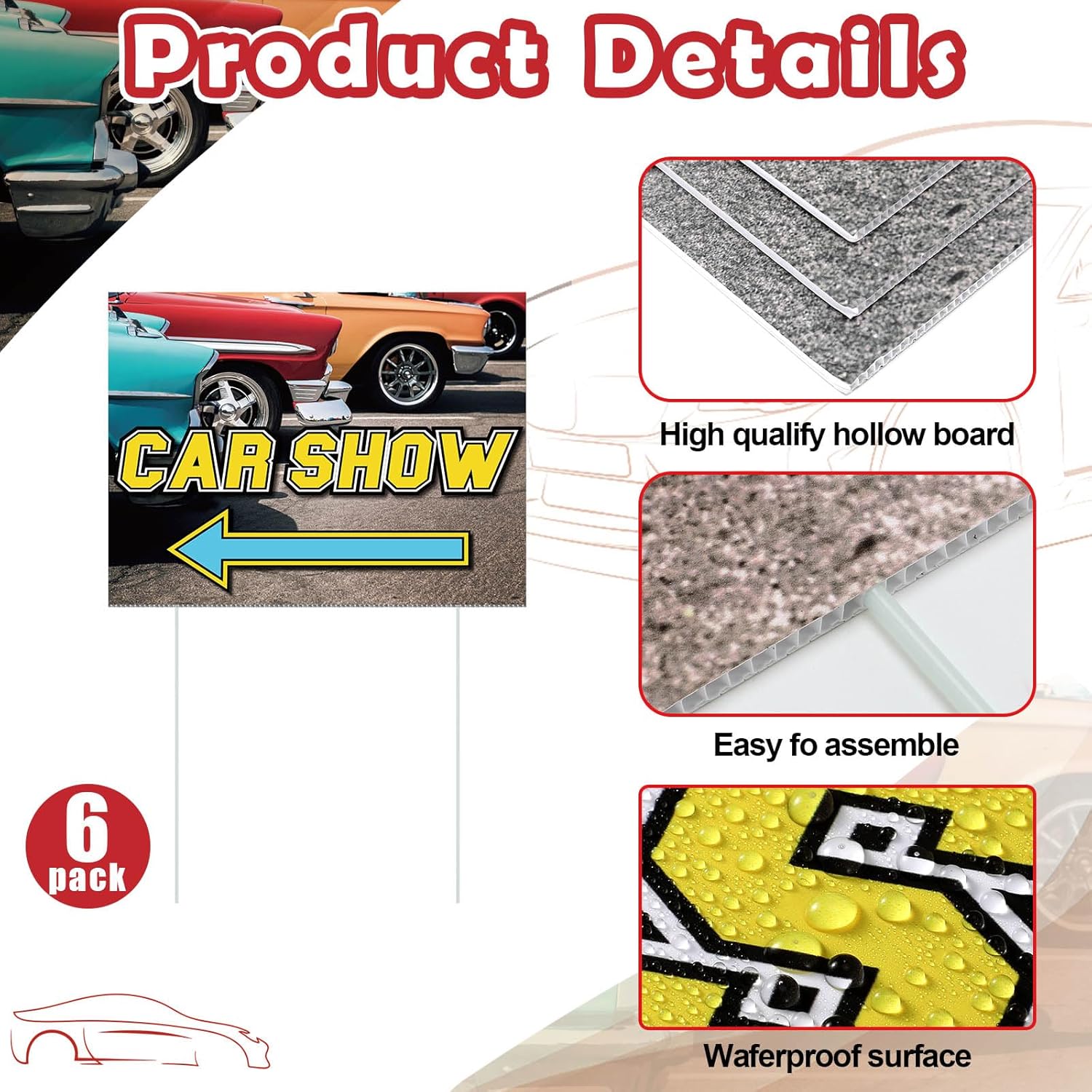 AceOrbit 6 Pcs Car Show Arrow Yard Sign 16 x 12 Inch Double Sided Print Road Sign with Stakes Car Show Decorations Accessories for Exhibition Activities