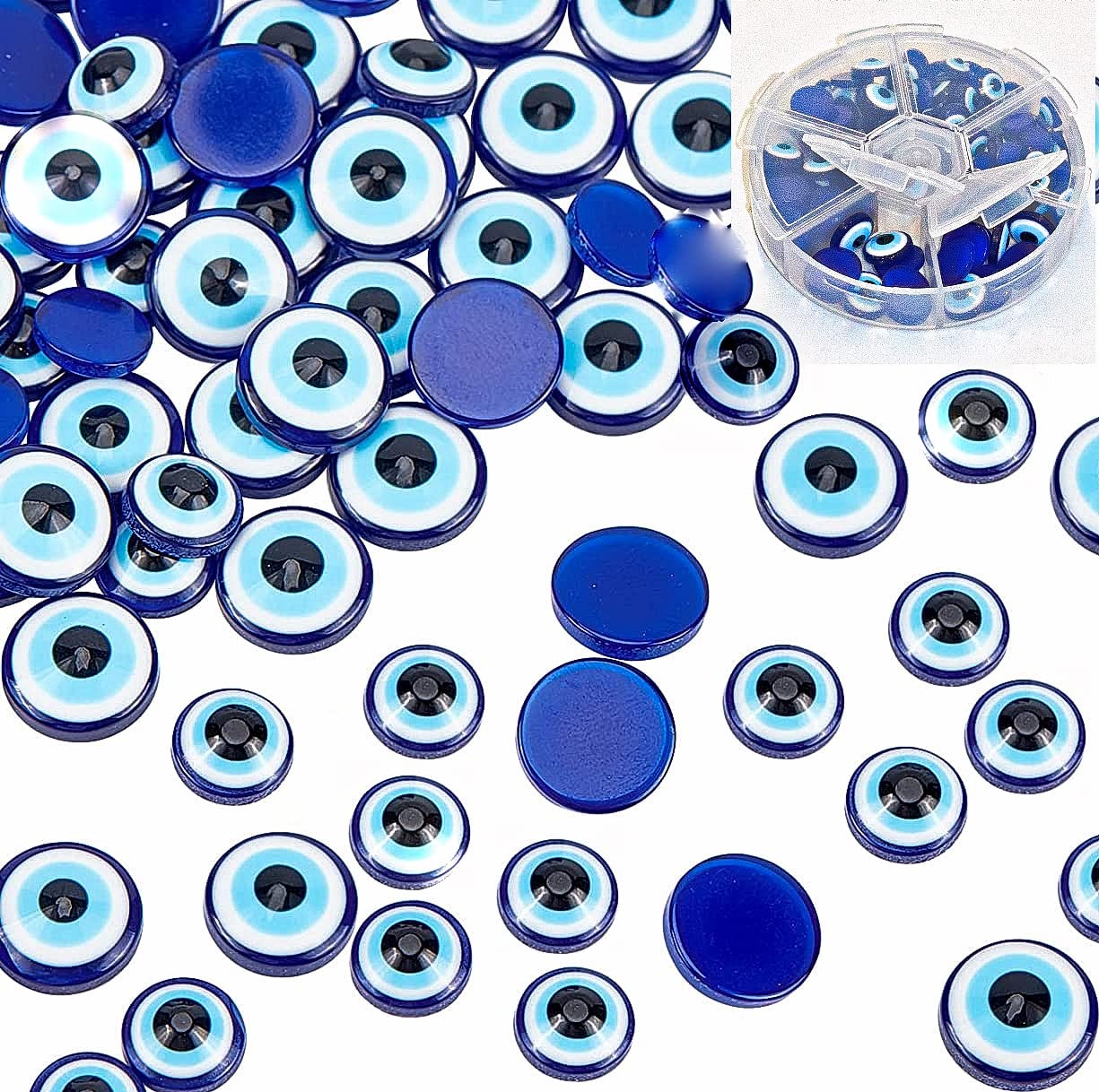 O.A. 200 Pcs Evil Eye Cabochons Set 8mm 10mm 12mm Beads Flat Back Half Round Dome Resin Arts Crafts DIY Jewelry Making Kit Good Luck Charm Protection Blue Mixed Sizes
