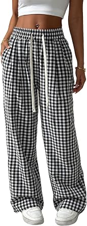 Womens Gingham Plaid Pants Summer Beach High Elastic Waist Wide Leg Palazzo Pants