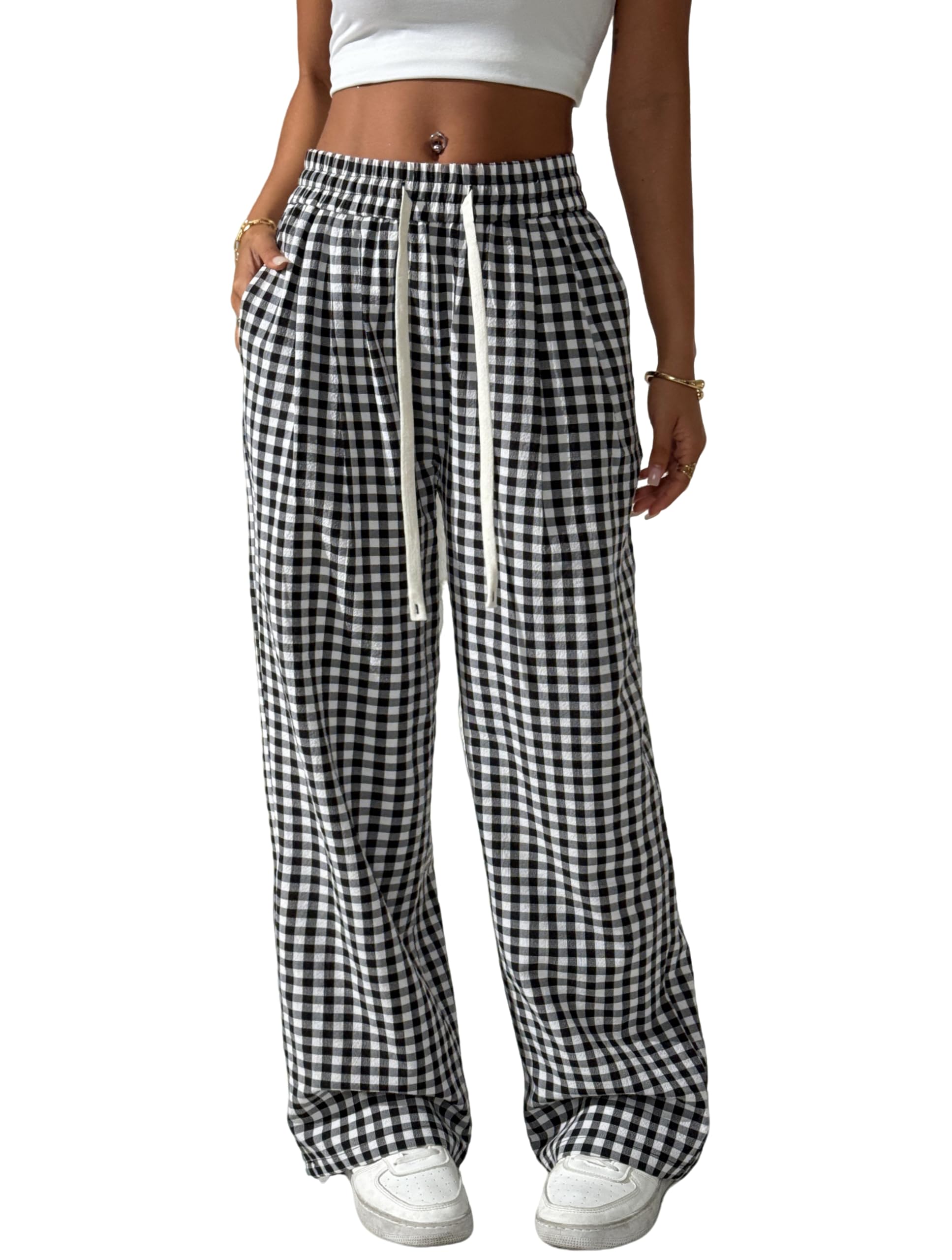 Womens Gingham Plaid Pants Summer Beach High Elastic Waist Wide Leg Palazzo Pants