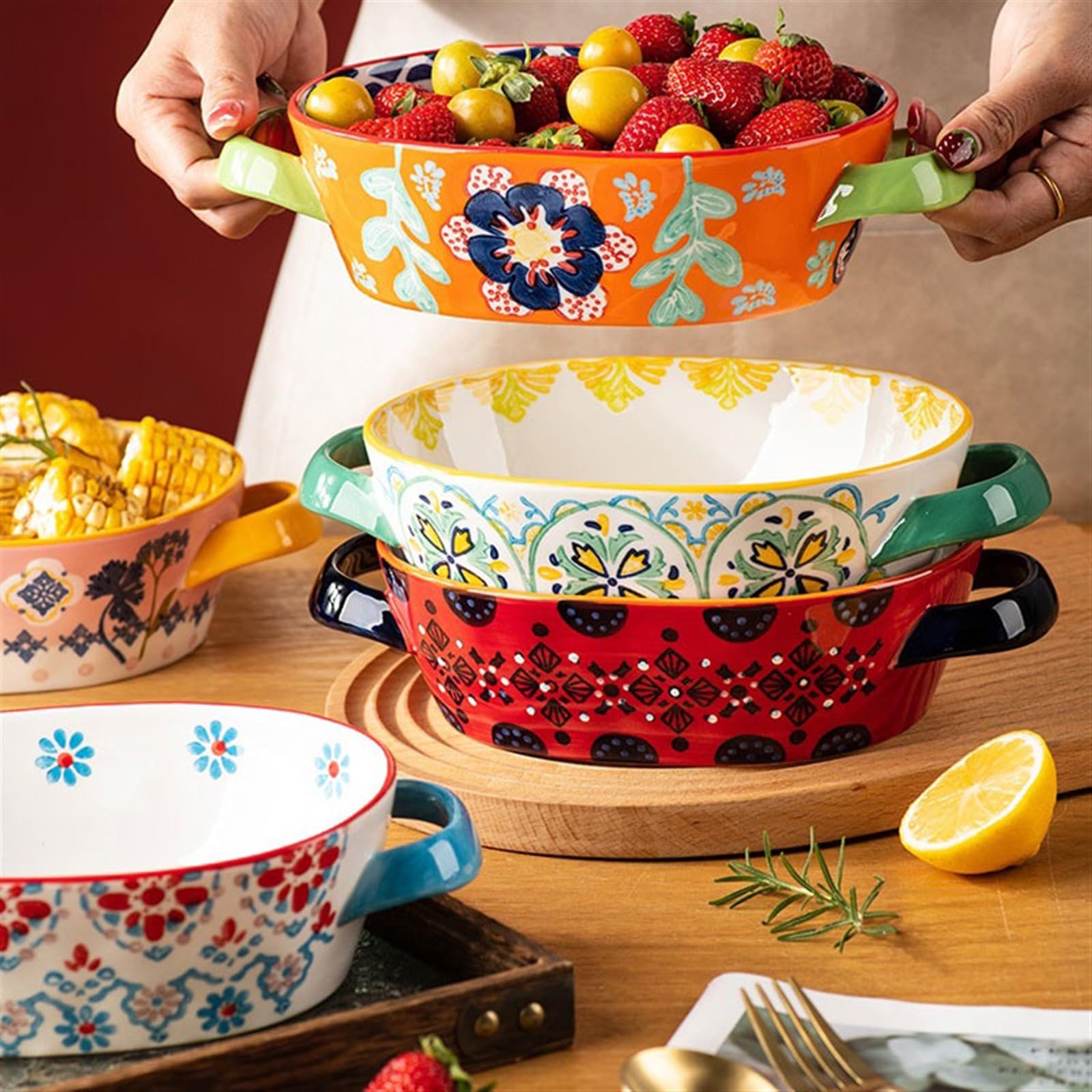 Ceramiczna forma do lasagne, kreatywna, kolorowa naczynia, odporna na wysokie temperatury, blacha do pieczenia, talerz obiadowy, podwójne ucho, talerz do zupy, talerz na owoce, do użytku