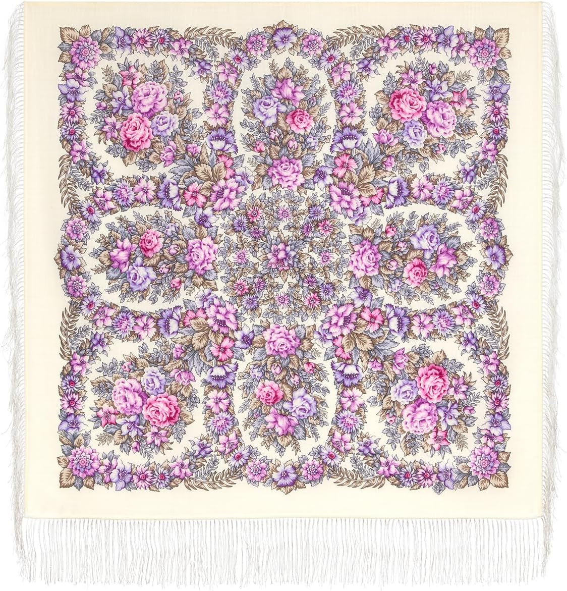 Pavlovo Posad Russian Shawl 100% Wool Scarf 89x89 cm Wrap Silk Fringe 1957-3