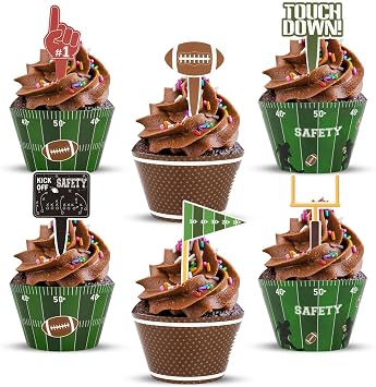 Hooqict 48 Pack Football Cupcake Toppers and Wrappers Football Cupcake Decorations Game Day Party Supplies Cupcake Picks for Sports Theme Birthday Party Decorations
