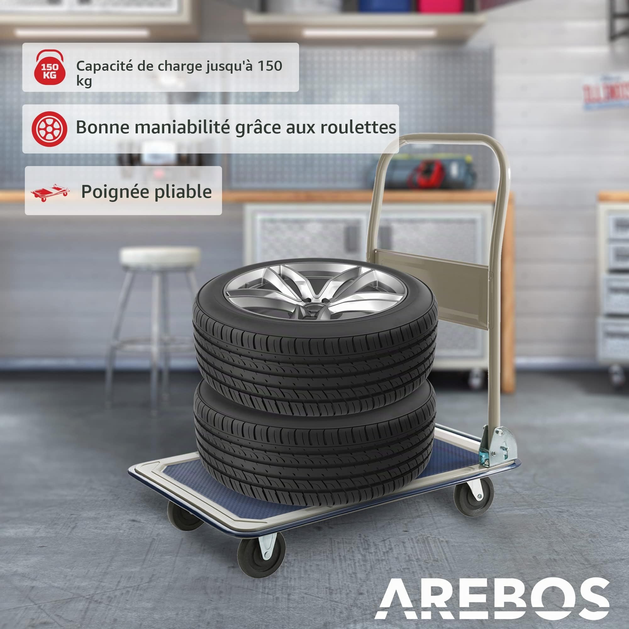 Arebos Chariot à Plate-Forme Chariot de Transport Manuel | Pliable | 150kg | 4 Roues | Polypropylène et Métal