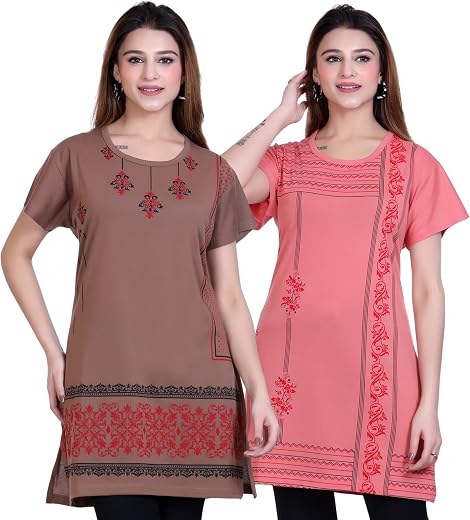 FASHSTORE Women's Summer Wear Casual Cotton Printed Half Sleeve Regular Fit Long T Shirts Combo Pack of 2