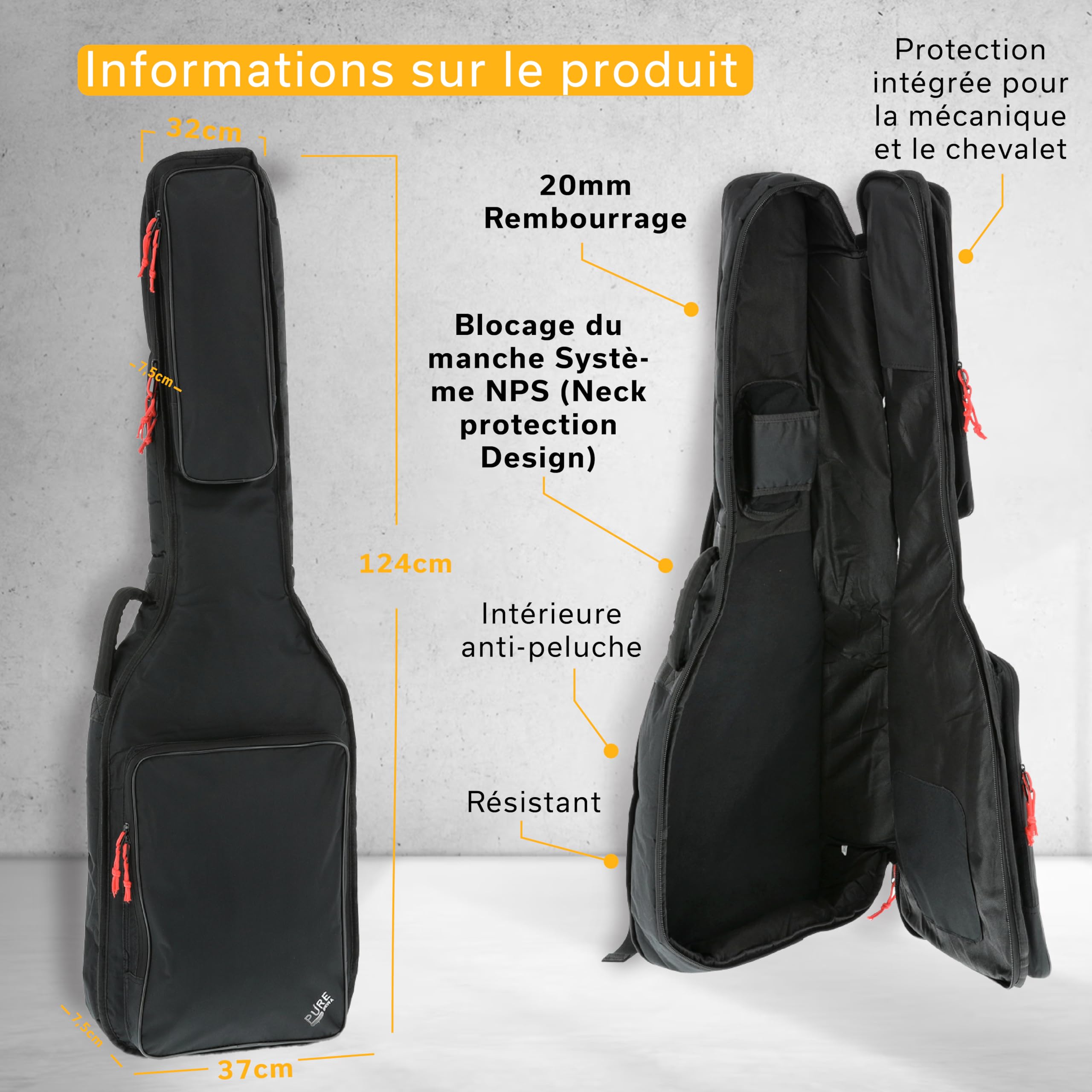 GEWA pure Série de Housse de Guitare 120 pour Basse Électrique noire, rembourrage en mousse de 20mm