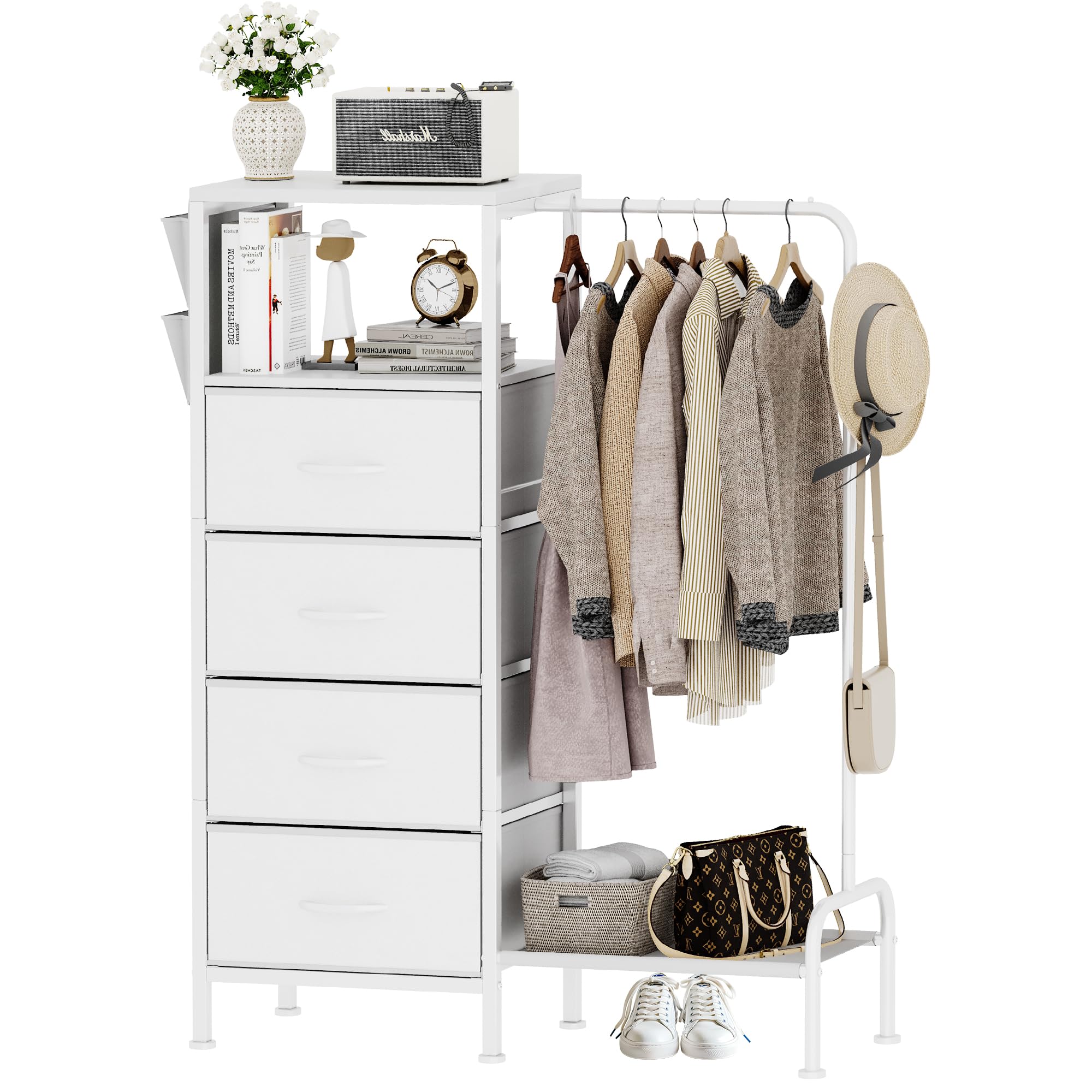Homeiju Dresser with Hanging Rack, Reversible Dresser for Bedroom with 4 Drawers & Coat Rack & Side Pockets, Chest of Drawers with Clothes Rack, Kids
