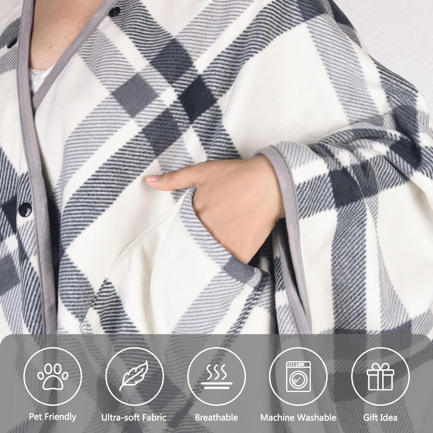 forestfish Wearable Blanket Poncho With Pockets And Buttons, Flannel Shawl Wrap Blanket For Women Soft And Warm - Image 3