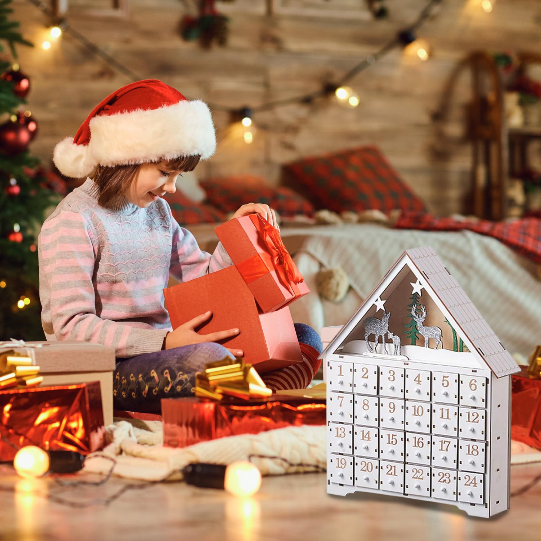 Calendario dell'Avvento in legno con cassetti e luci a LED Conto alla rovescia per 24 giorni Calendari dell'Avvento vuoti da riempire per decorazioni natalizie, Calendar