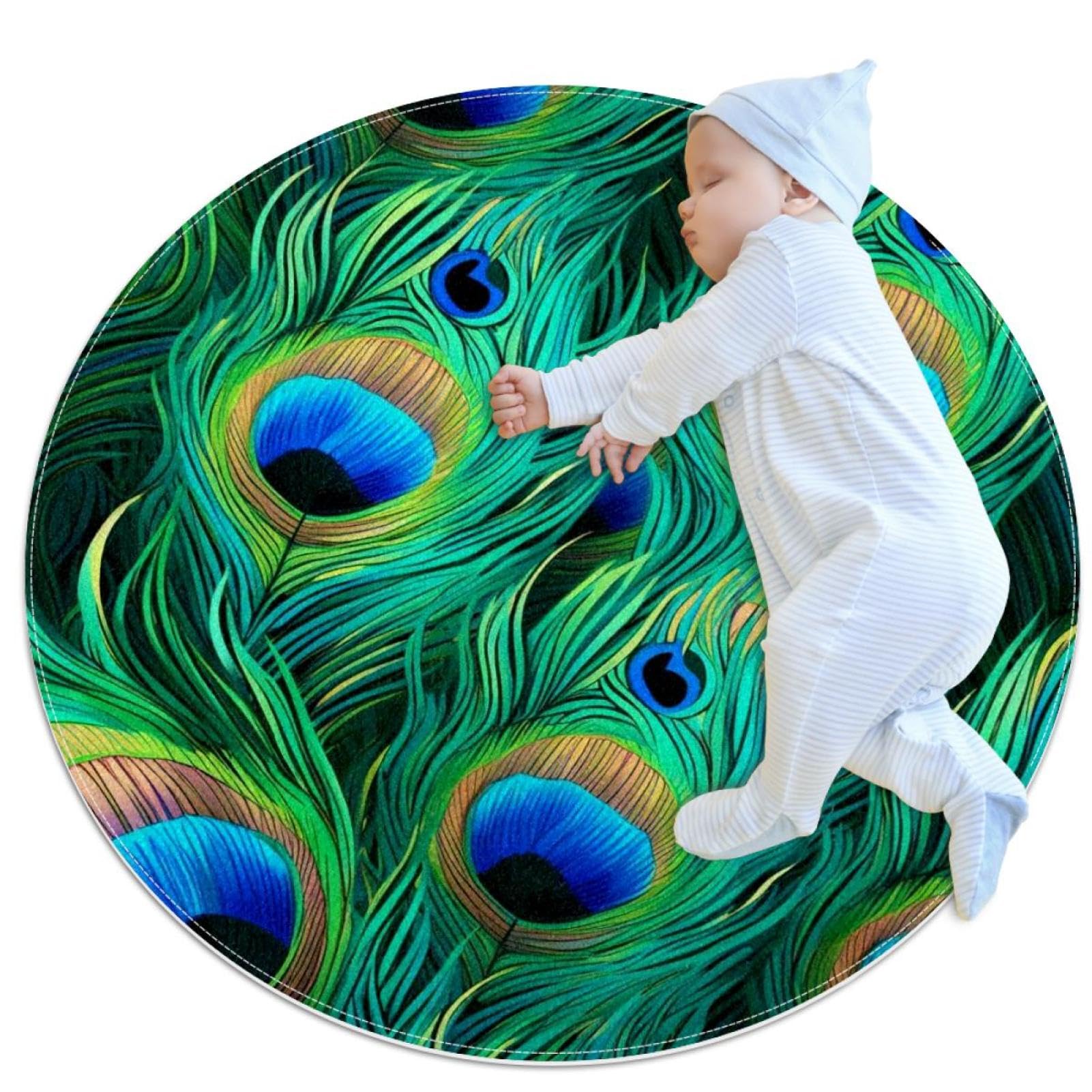 Tapis de salle de bain antidérapant plume de paon rond pour canapé