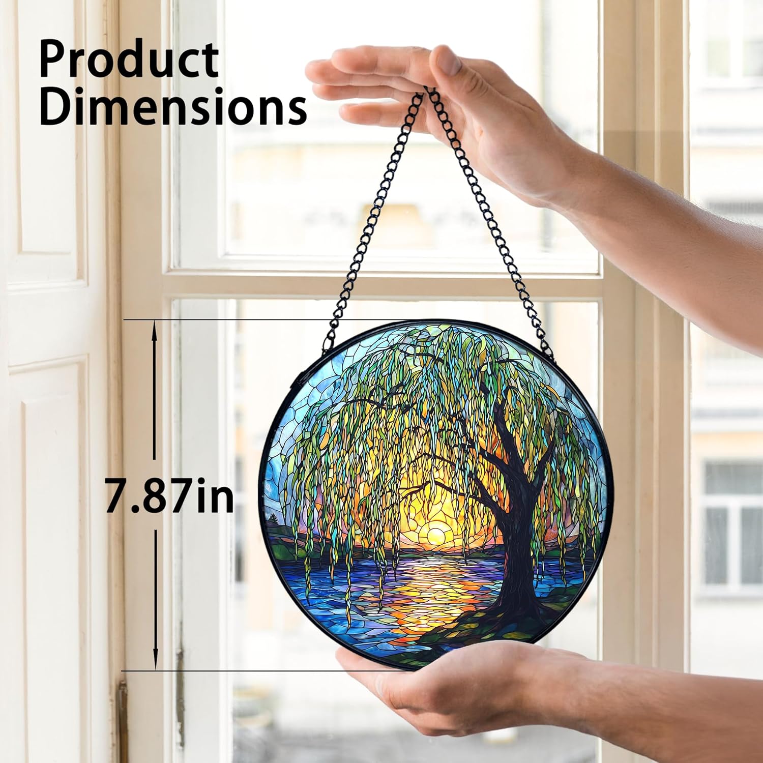TNUW Willow Tree Stained Glass Window Hanging, Weeping Willow Sun Catchers Indoor Window Glass Round Wall Art Decor, Nature Tree Wall Hanging Decorations, 7.9＂x7.9＂