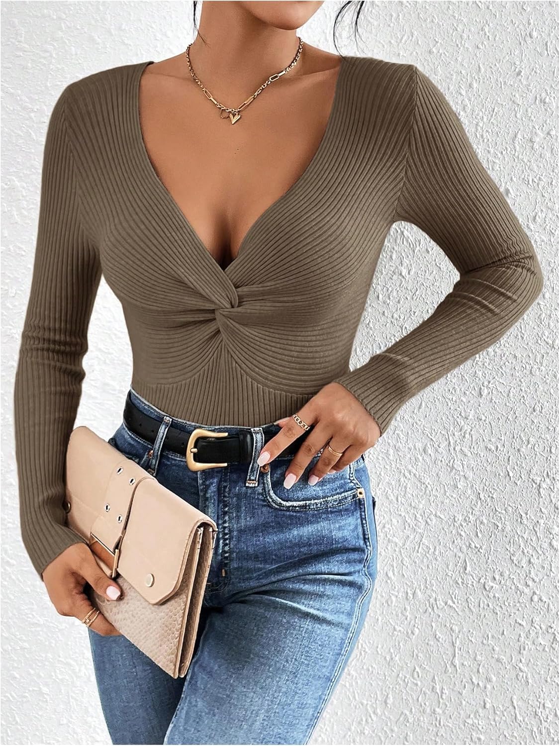 SOLY HUX Women's Twist Sweater V Neck Long Sleeve Ribbed Knit Fitted Pullover Tops Fall Winter Clothes - Image 5