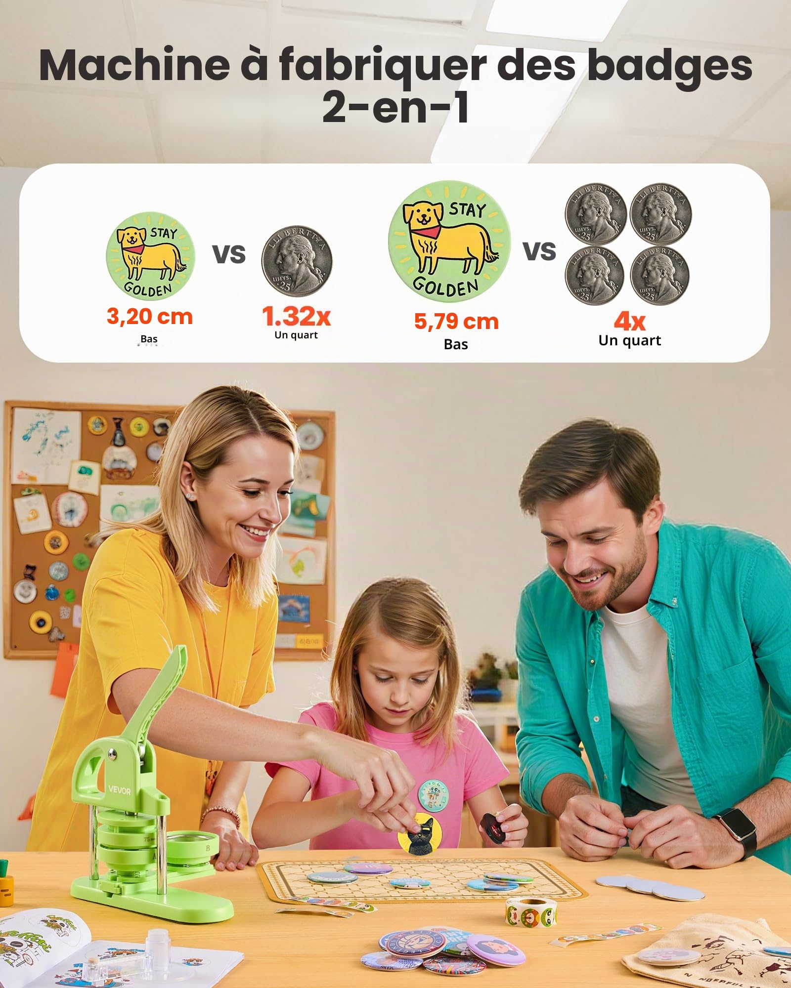 VEVOR Machine à Badges de 32/58 mm 2-en-1, Presse à Badges Épingles avec 200 Kits de Consommables, Coupe-cercle et Livre Magique, Poignée Ergonomique, pour DIY Épinglettes Personnalisées, Vert