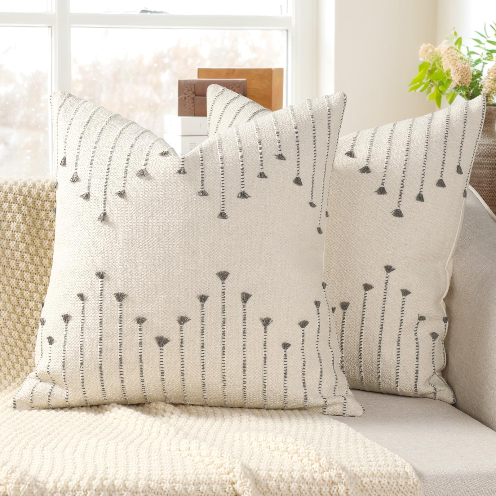YCOLL Boho Spring Throw Pillow Covers 22x22 Set of 2 Neutral Woven Decorative Pillowcases Cotton Tufted Couch Pillows Modern Farmhouse Cushion Covers