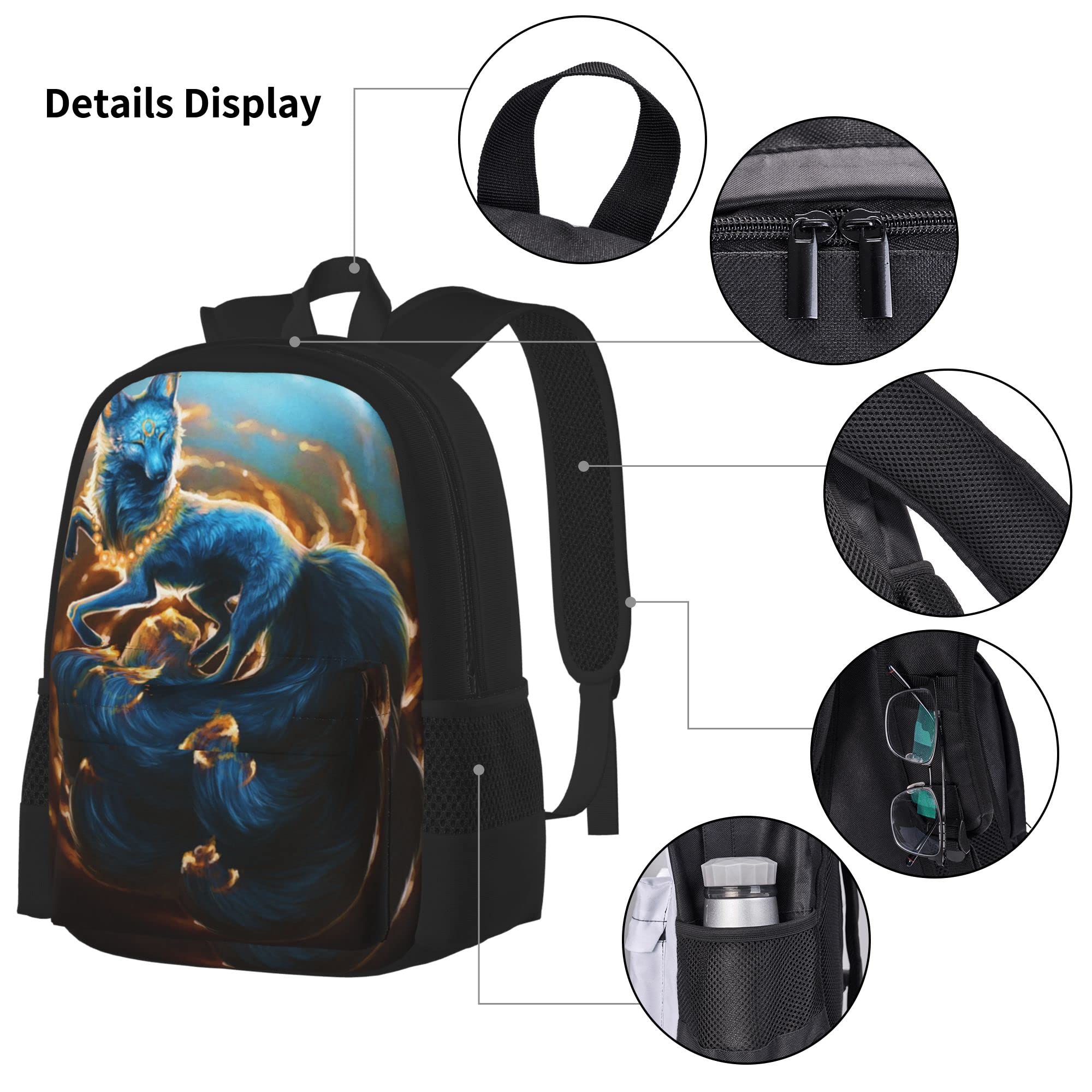 Ensembles de sac à dos scolaire 3 pièces Teens Studentss (créature mythique kitsune renard) Cartable + Sac à lunch + Trousse à crayons Mignon Sackpack College Work Gym Randonnée Pêche Sac d'ordinate