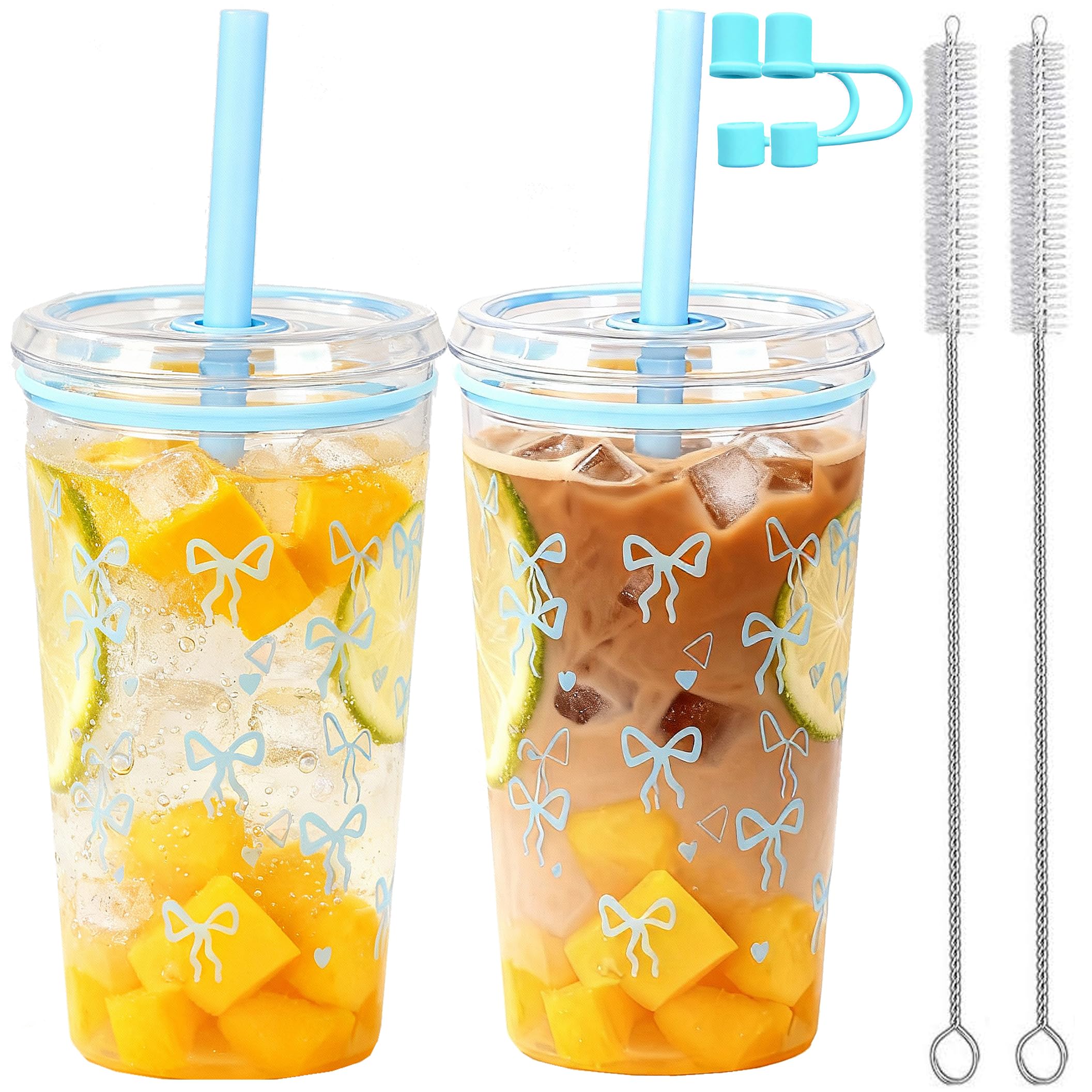 CuppaLifes 450ml Clear Plastic Iced Coffee Travel Cups, 450ml Reusable Cups with lids and Straws for Cold Coffee, Travel, Iced Drinks, Milk, Sparkling Water, 2 Pack (2, Blue)