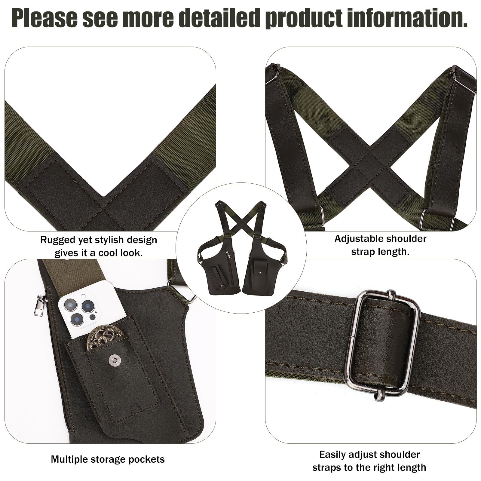 Sac Bandoulière Sous le Bras Homme, Sac à Bandoulière Double avec Sangle Réglable Étui Antivol pour Portefeuille Poche Téléphone (Vert Foncé)