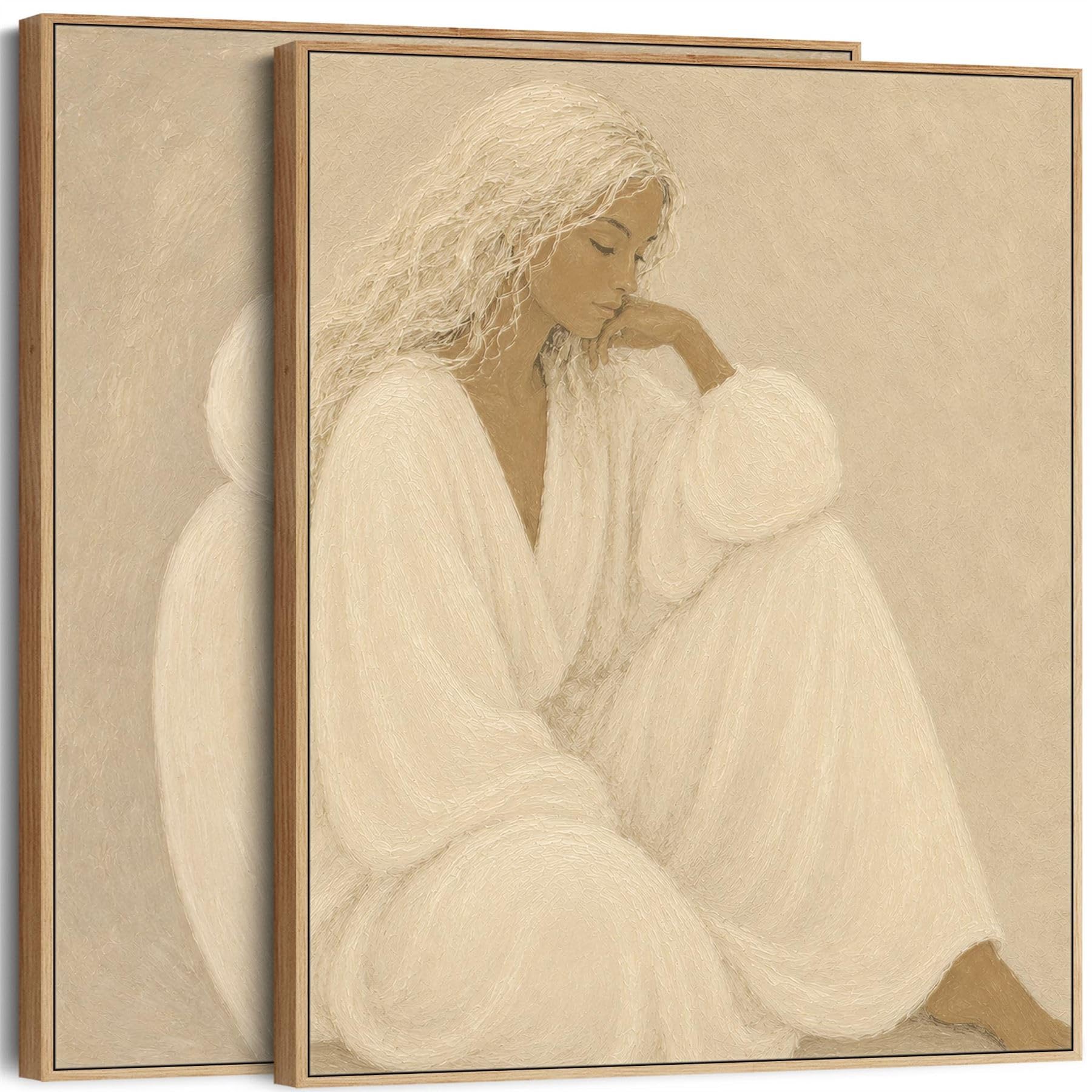 Wallfillers Neutral Beige Pair Of Framed Bedroom Art - Thoughtful Moment - Set Of 2 (145Cm X 84Cm)
