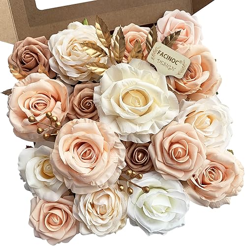 Vista 255 de White Rose Artificial Flowers Fake Flower Bulk with Stems for DIY Wedding Bouquet Bridal Baby Shower Centerpiece Table Decorations Silk Faux Floral