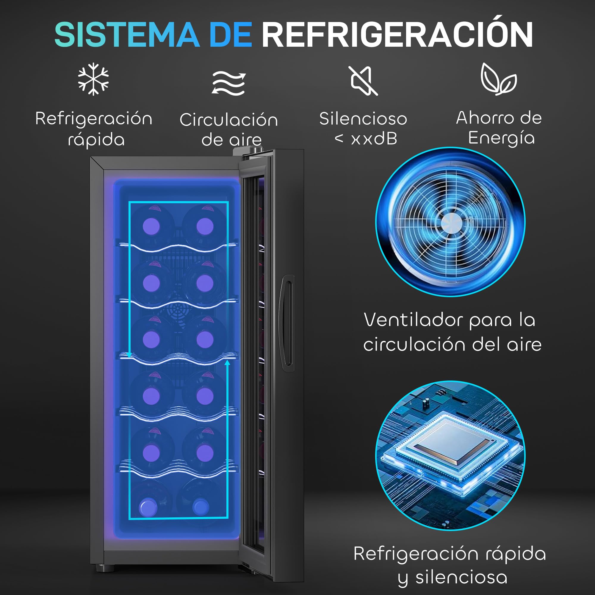 HOMCOM Vinoteca 12 Botellas, Nevera para Vinos con Doble Refrigeración Termoeléctrica, Temperatura Ajustable 8-18℃, Silencioso 37db, Puerta de Vidrio, Anti-UV, Pantalla LED, Luz Interior, Negro — view 3