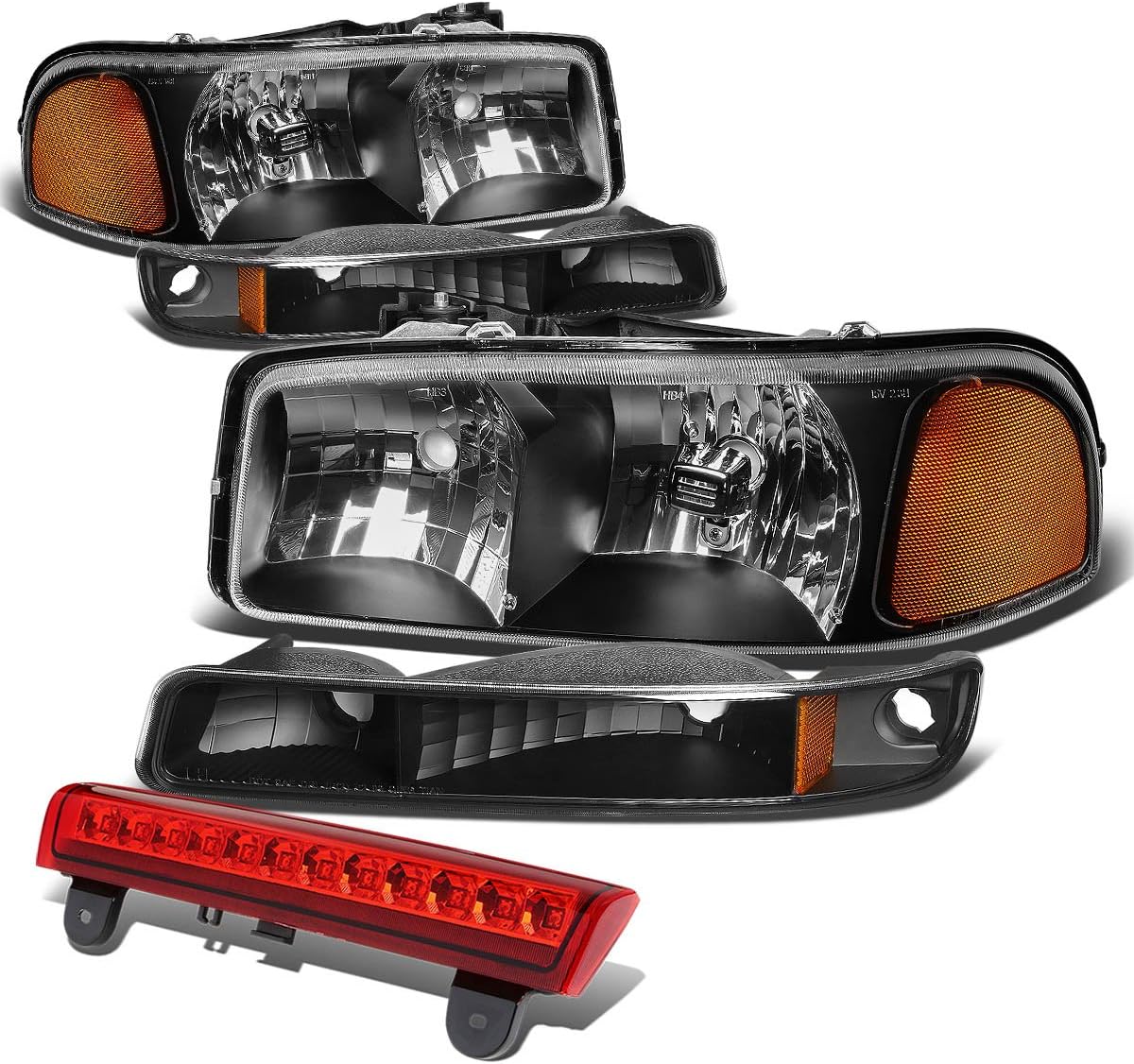 Auto Dynasty Compatible with GMC Yukon GMT800 Pair of Black Housing Amber Corner Headlight+Bumper+3rd Brake Light (Red Lens)