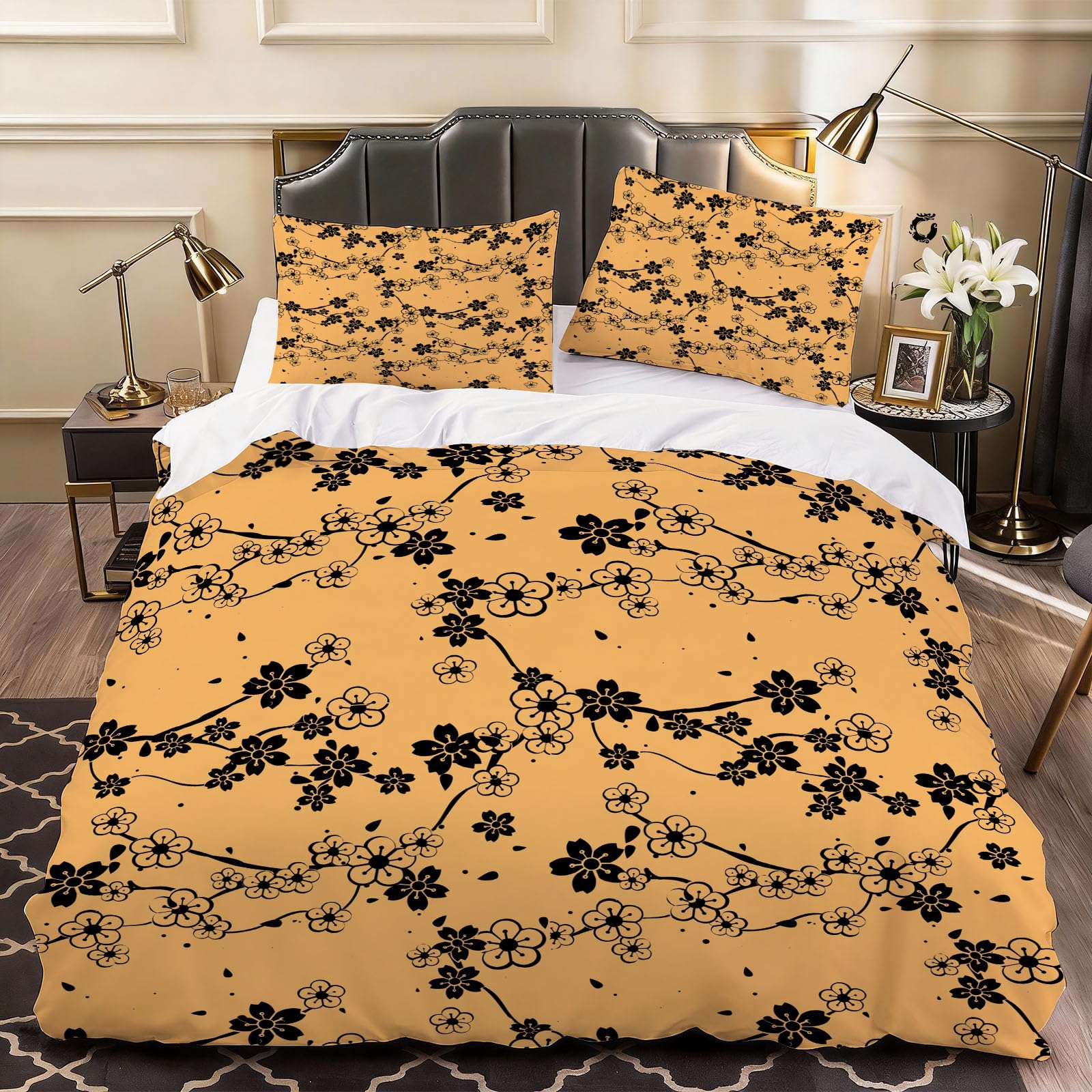3D Cherry Blossom Design Duvet Cover Simple Bedding Super King Bed Set, Soft Microfiber Comforter Cover Printed with Zipper Closure Quilt Coverr 260x220 cm and 2 Pillowcases