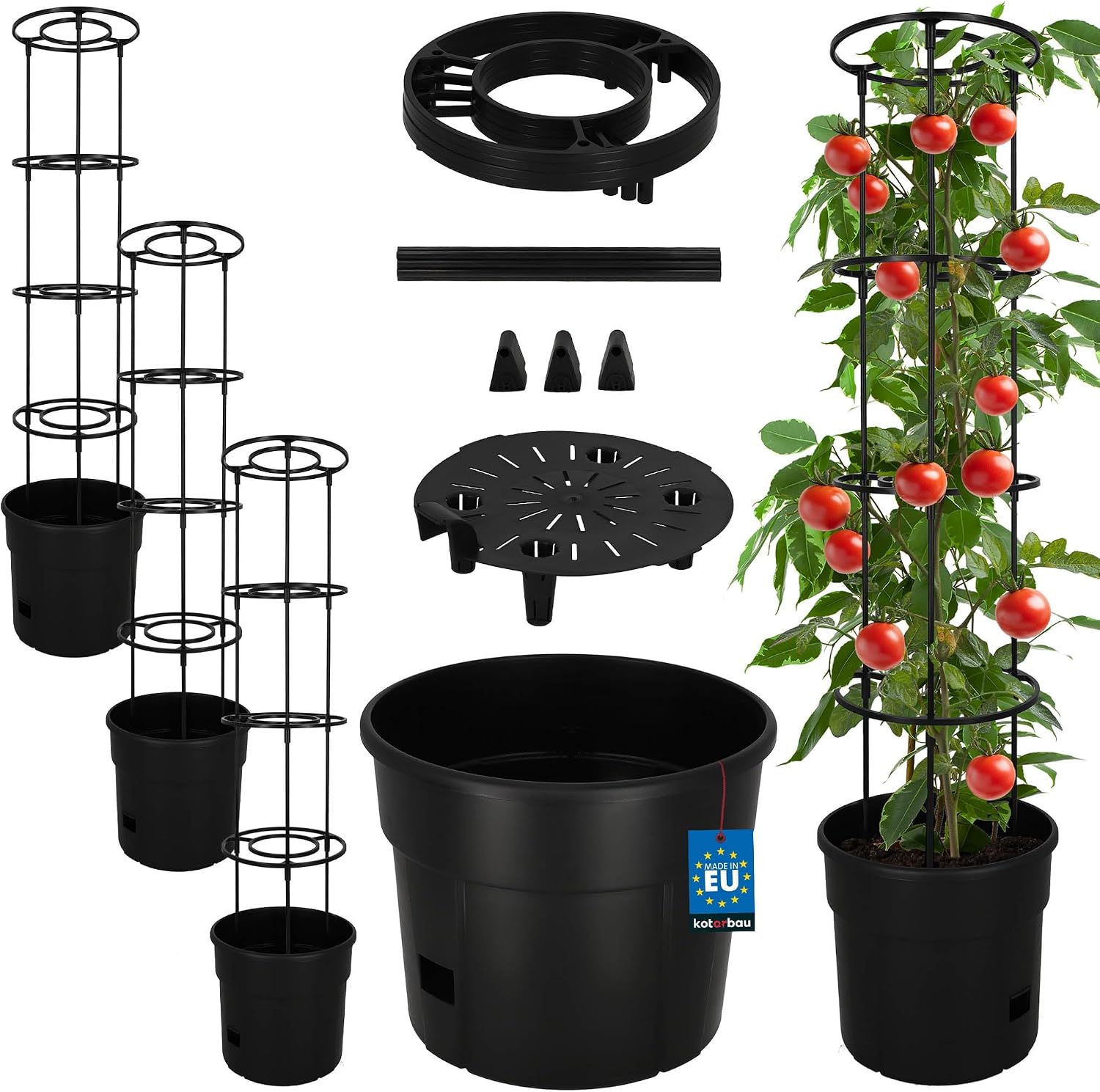 KOTARBAU Set of 3 Tomato Plants, Planters, Diameter 30 cm, with Trellis 115 cm, Tomato Pot for Balcony, Plant Support, Black