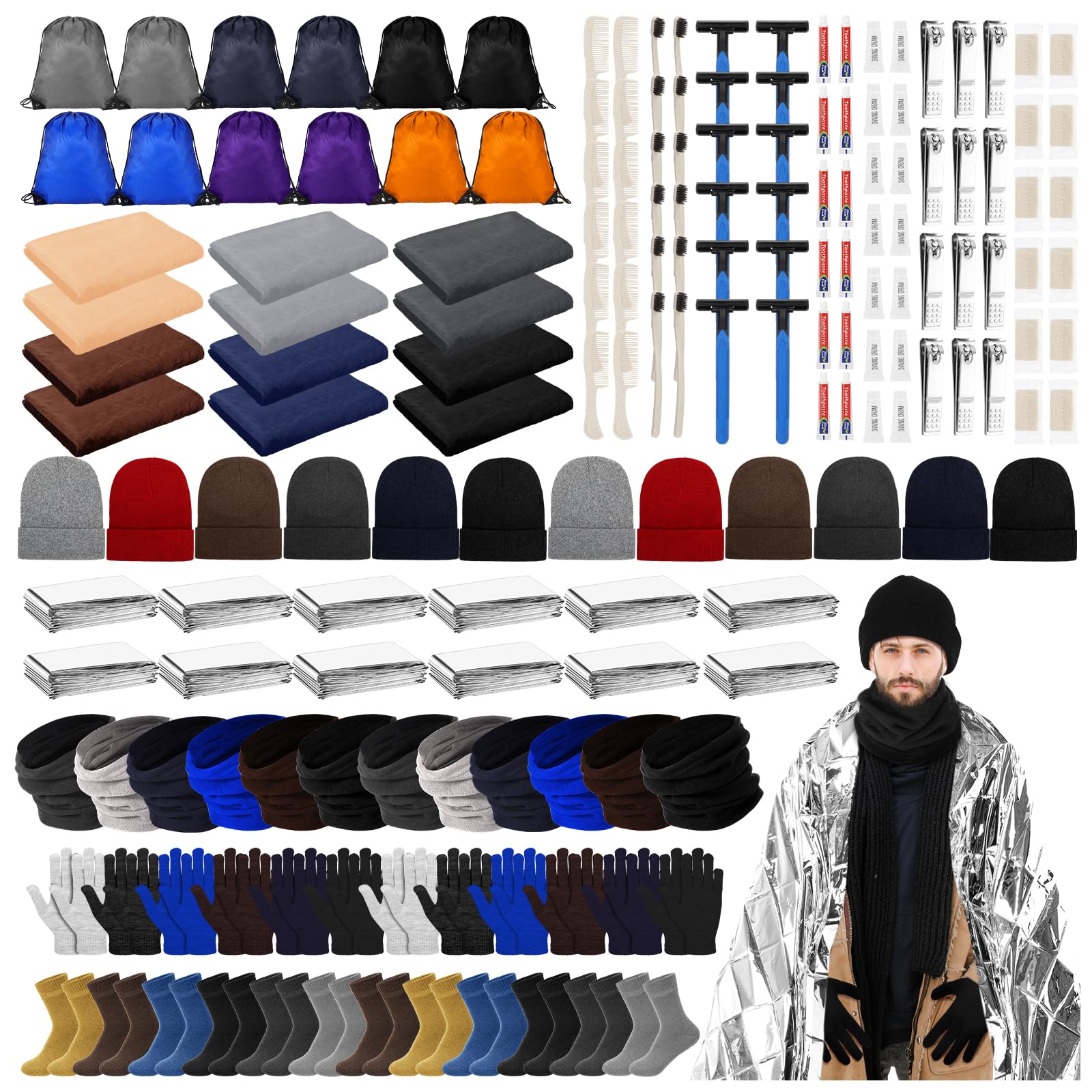 Halfchet 168 Pcs Homeless Care Package Supplies Hygiene Kit Winter Beanie Neck Warmer Gloves Drawstring Bags for Men