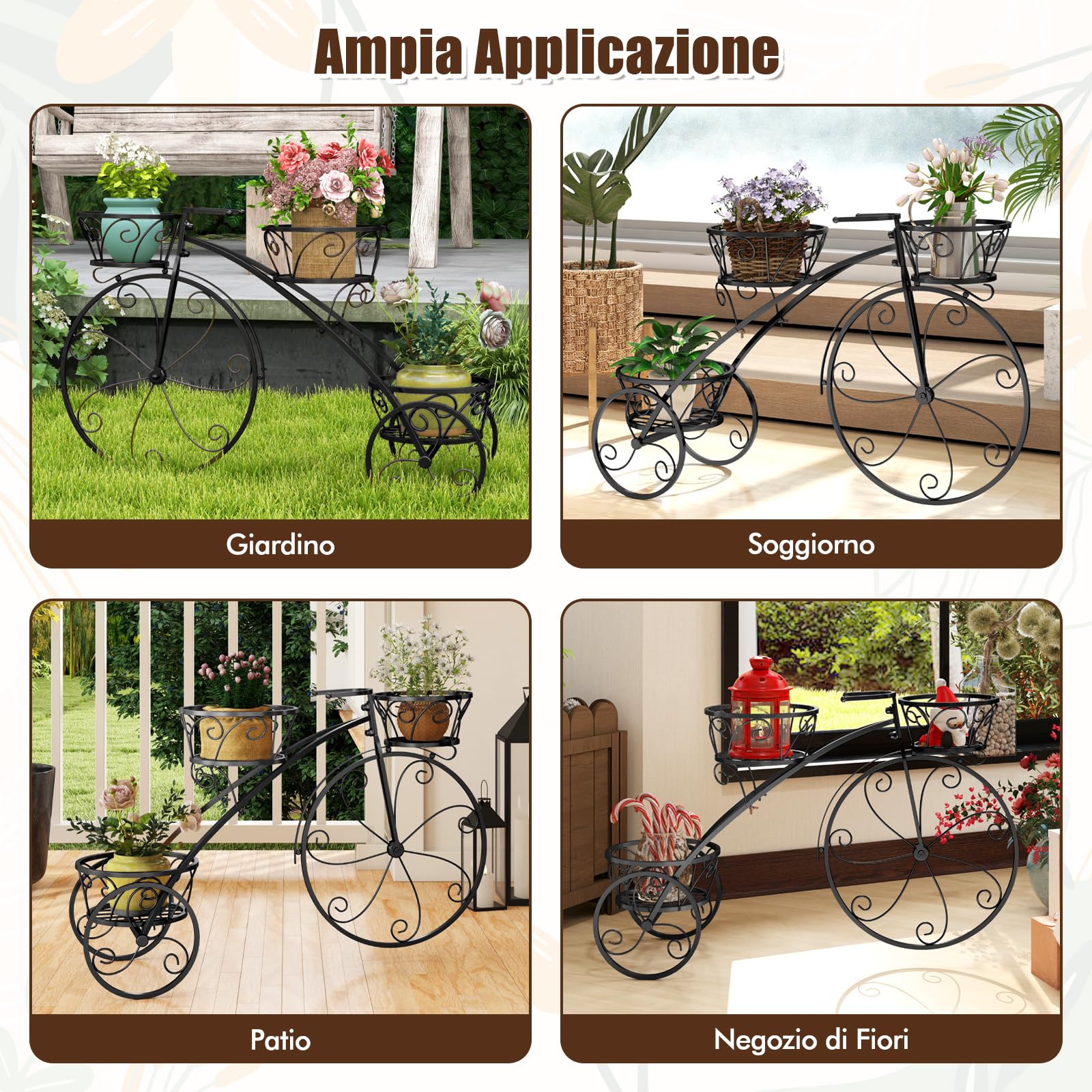 RELAX4LIFE Supporto per Piante a 3 Piani, Carrello per Vasi a Forma di Triciclo, Supporto per Piante con Telaio in Metallo Robusto da Giardino per Interni ed Esterni, 80 x 25 x 52 cm (Nero)