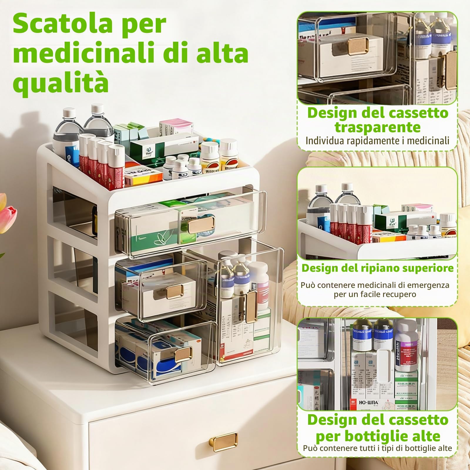 Organizzatore farmaci 4 Livelli in plastica Resistente | Trasparente, senza montaggio, Cassetti trasparenti, struttura integrata, pronto all'uso – ideale per casa e ufficio