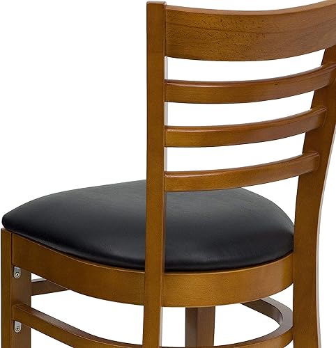 Miniatura 9 de Flash Furniture Hercules Series Silla de restaurante de madera de cerezo con respaldo de escalera, asiento de vinilo negro