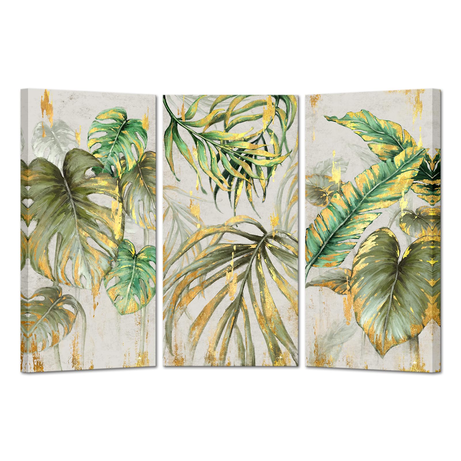 Kreative Arts 3 Pieces Gallery Canvas Nature Artwork for Home Green and Gold Palm Trees Tropical Leaves Rustic Abstract Paintings for Bedroom Living Room Office Walls Each Panel 16x32 Inches