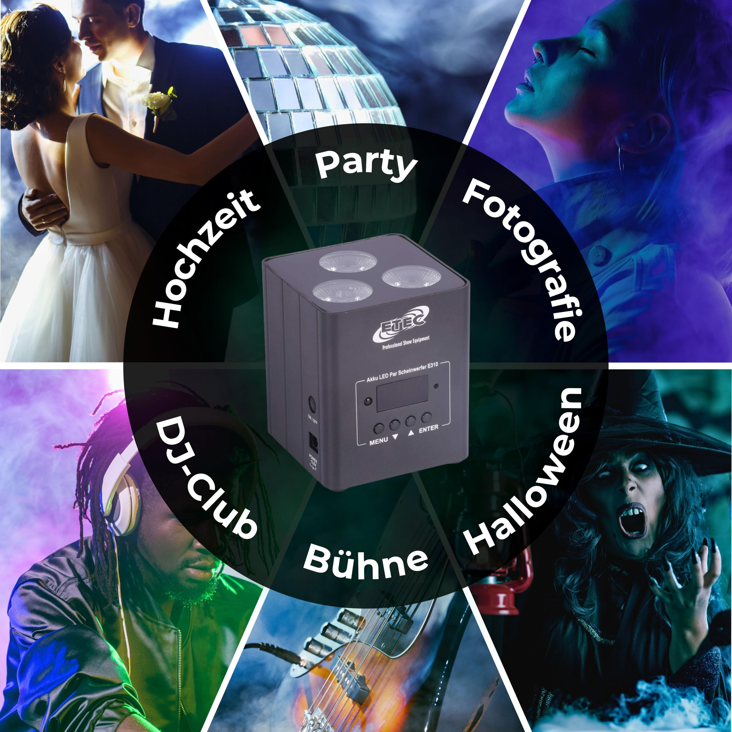 ETEC Professional Akku LED Par Scheinwerfer E310-3x10W RGBW, DMX Uplight, Floorspot, Disco Party Effekt Strahler für DJ, Club, Event und Bühne