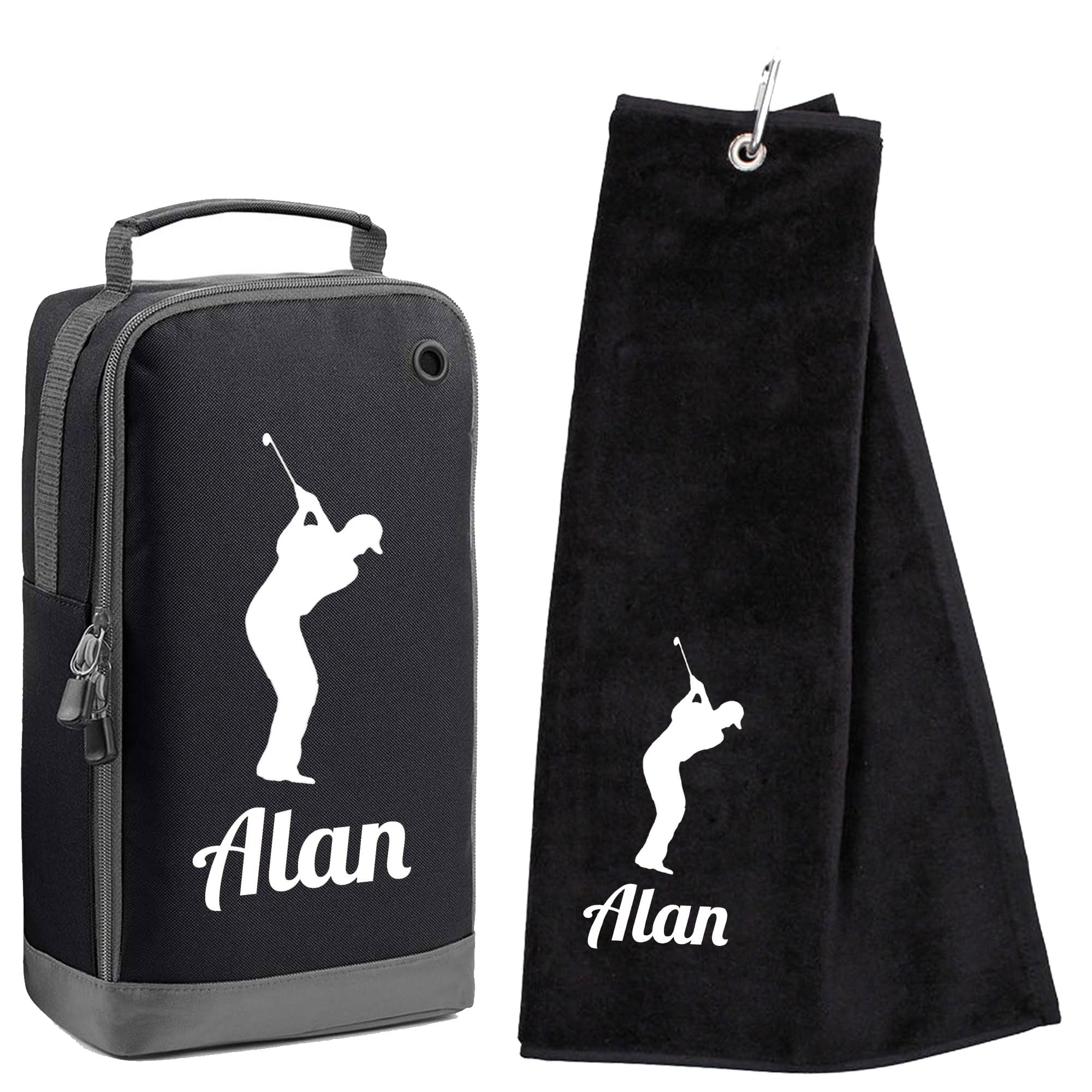 Always Looking Good Personalised Tri Fold Golf Towel with Name & Golf Shoe Bag Gift Set Luxury Velour 50cm x 40cm Custom Towel & Shoe Bag Gift- Golf Gifts for men and women (Black)