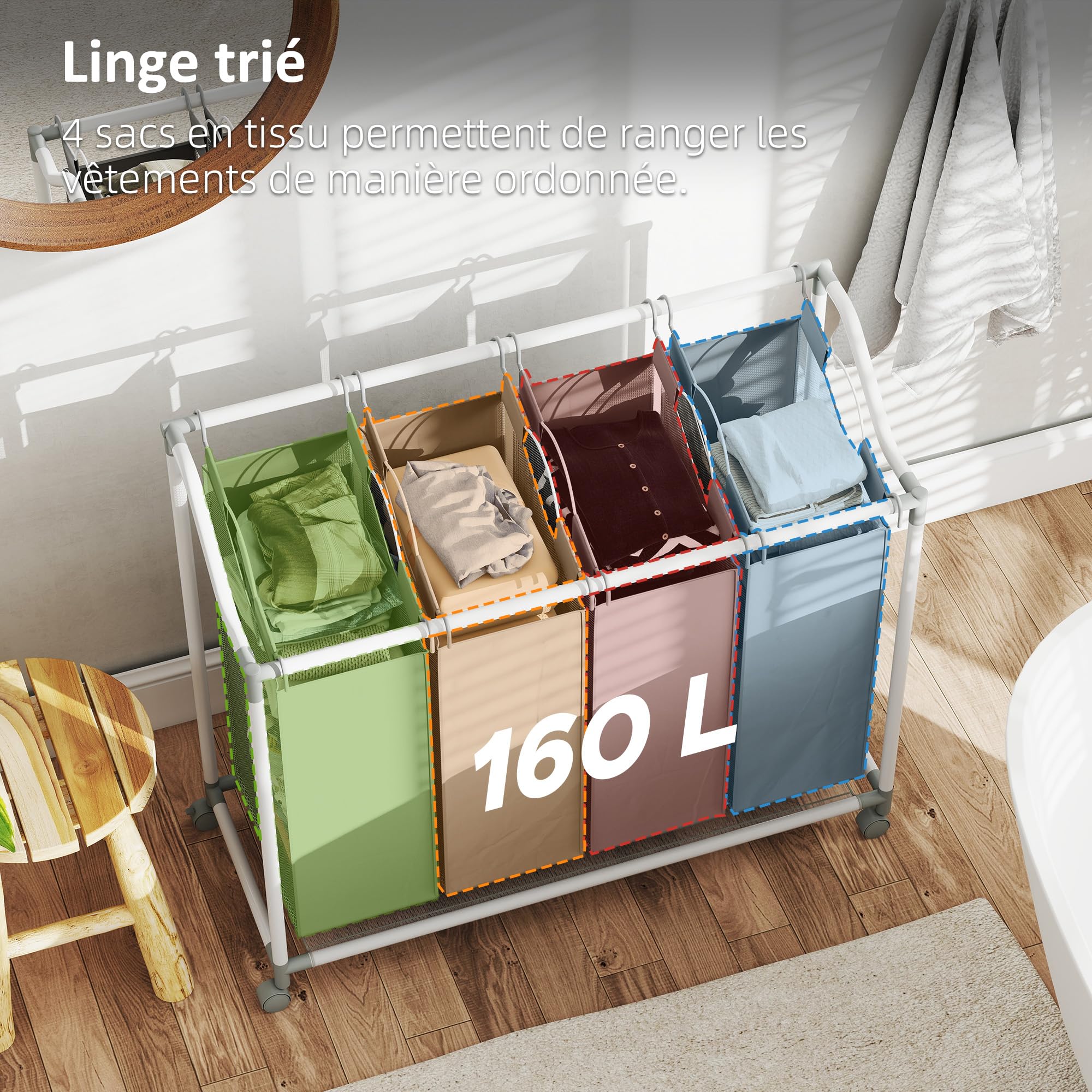 HOMCOM Panier à Linge Mobile 4 Compartiments 4 x 40L Gris | Corbeille à Roulettes, 4 Sacs Amovibles, Chariot Linge Sale, Buanderie, Chambre, Salle de Bain