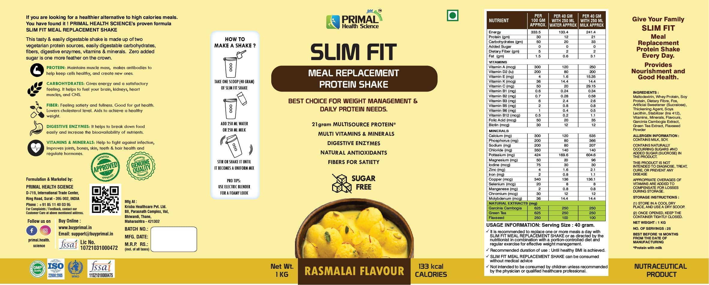 Primal Health Science Meal Replacement Protein Shake 1kg | High Protein Sugar Free with Fiber | Digestive Enzymes | Vitamins & Minerals | Muscle Support | Rasmalai Flavor — Amazon image 2