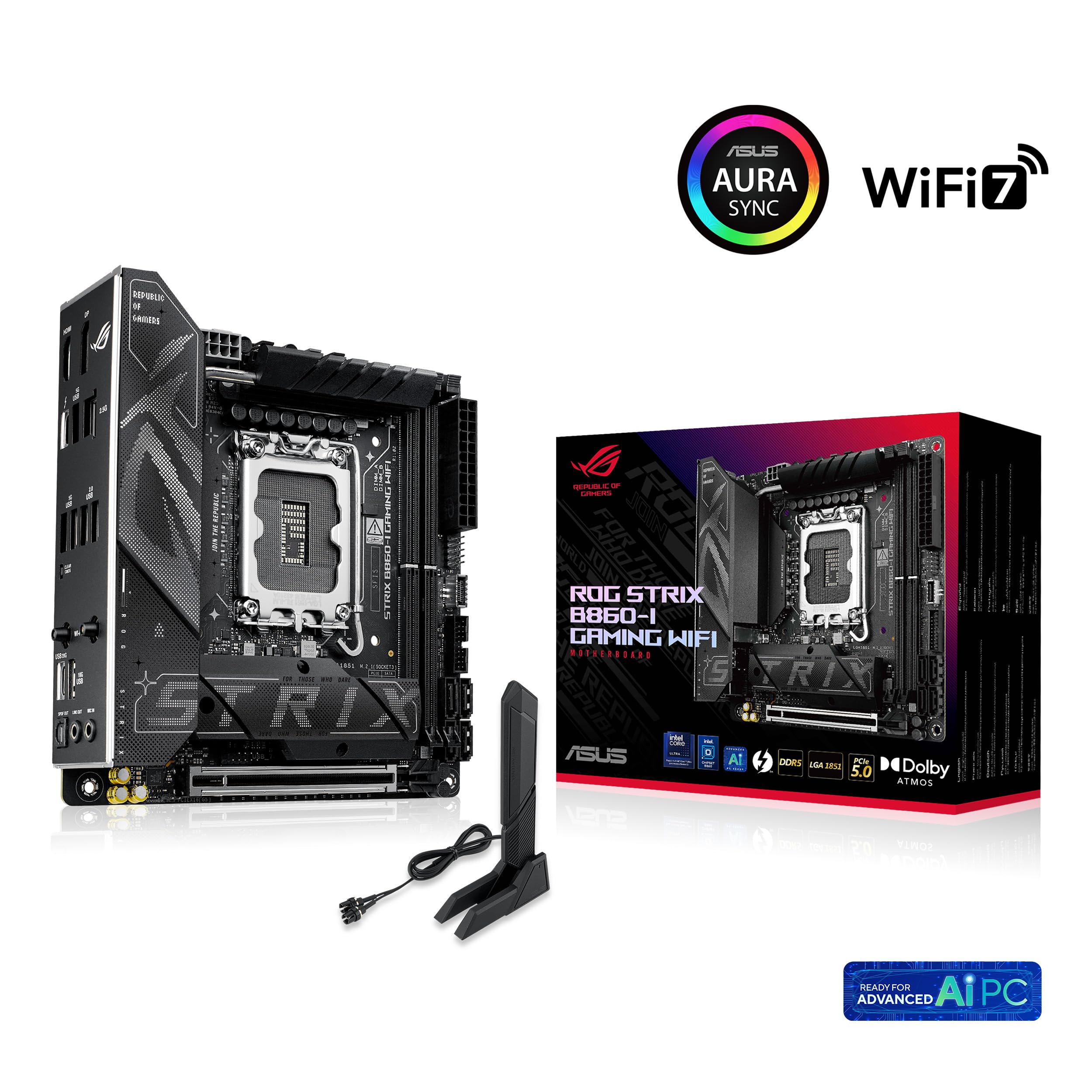 ASUS ROG Strix B860-I Gaming WiFi, Carte mère Mini-iTX, prête pour PC avec IA avancée, 10 + 1 + 2 + 1 Niveaux de Puissance, DDR5, PCIe 5.0, Deux emplacements M.2, WiFi 7, ASUS AI Advisor, AI