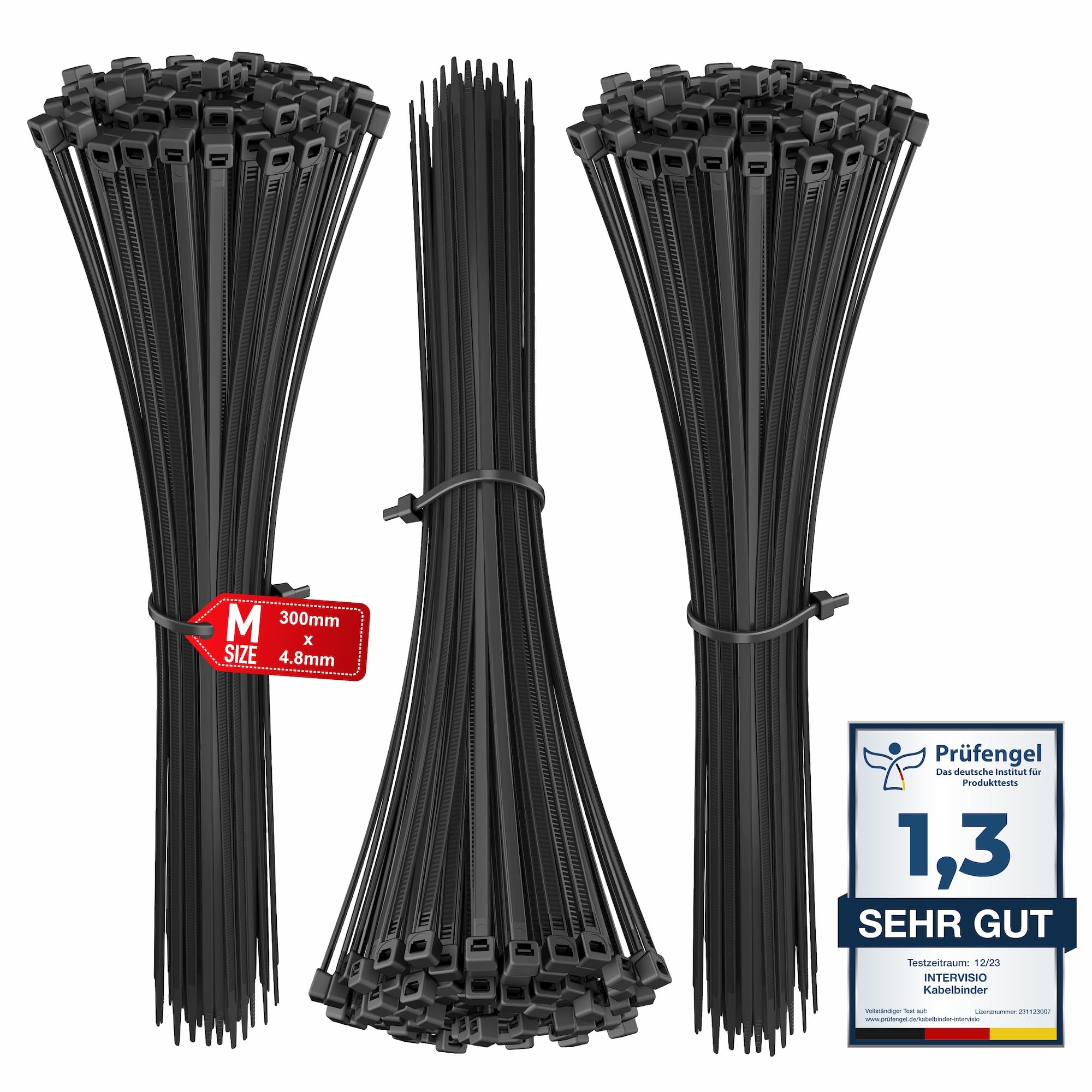 intervisio Cable Ties 300mm x 4.8mm, Black, 300 mm - 12” Premium Tie Wraps Nylon Zip Ties Wrap, 300 Pieces