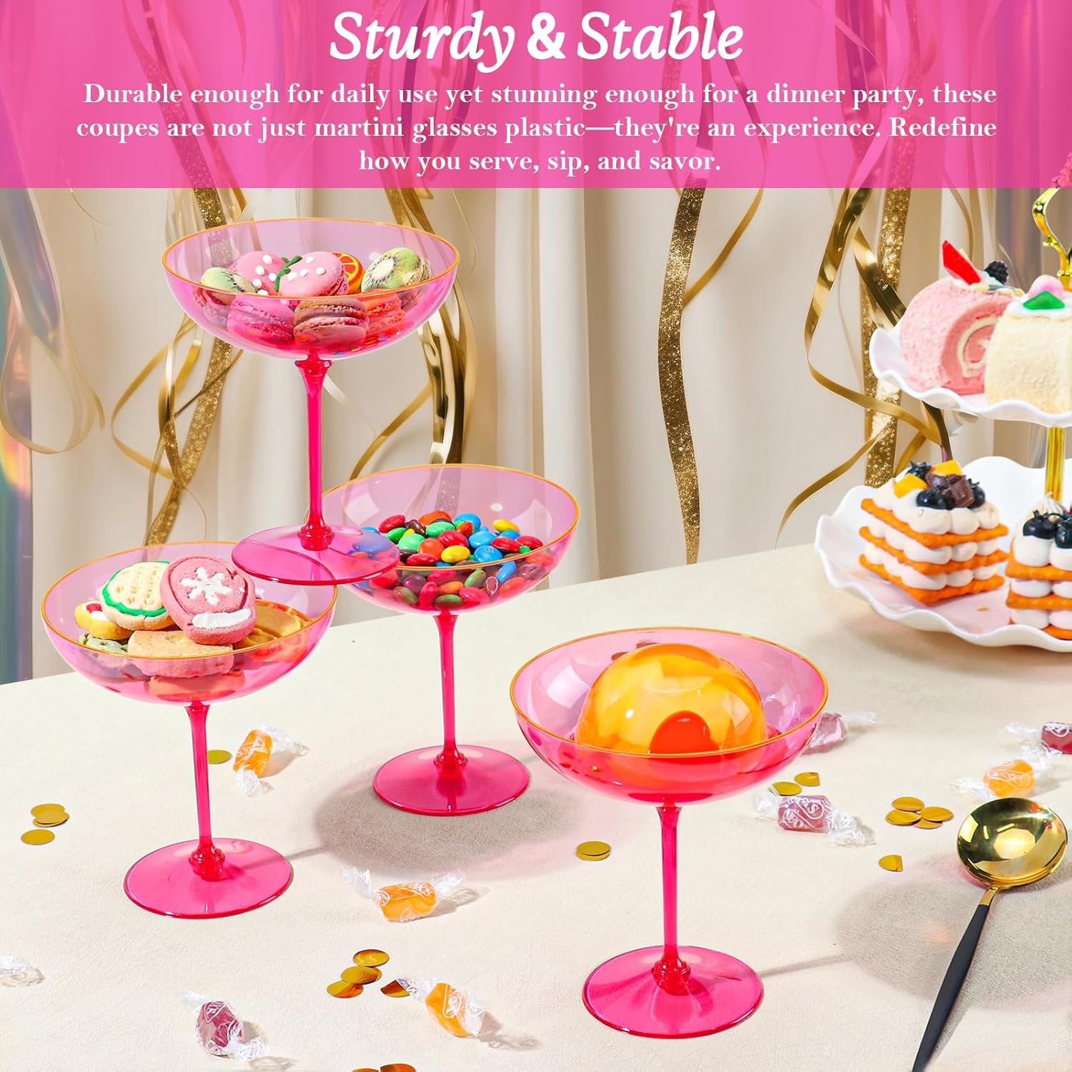 12 PCS Plastic Coupe Glasses 9 oz Hot Pink Detachable Gold Rim Martini Glass Espresso Champagne Cocktail Cups Disposable Vintage Margarita Glassware for Valentine's Day Wedding Bridal Shower Party - Image 5