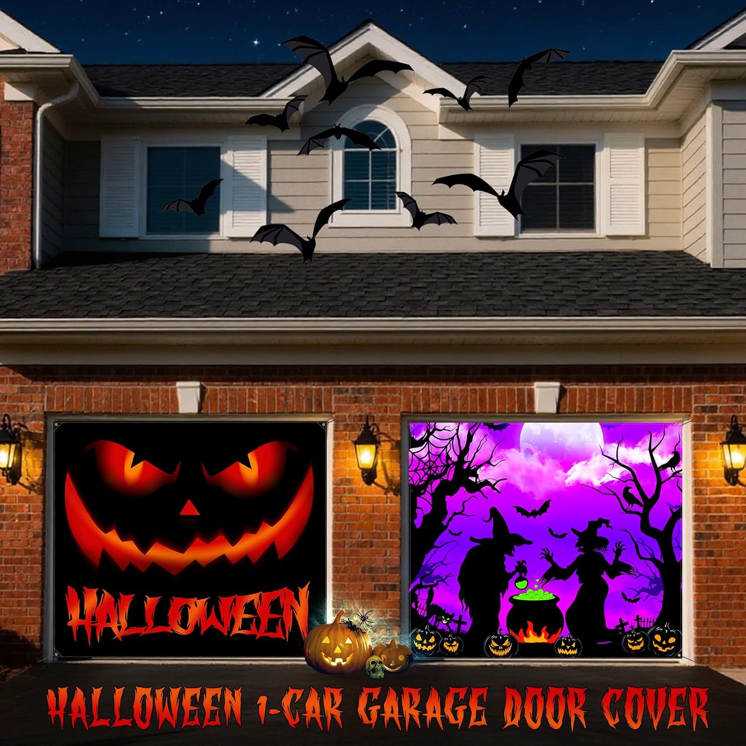 7x8ft Halloween Garage Door Cover, Pumpkin Garage Door Banner Hanging Pumpkin Backdrop Halloween Wall Decorations for Outdoor Indoor Single Garage Door Skins