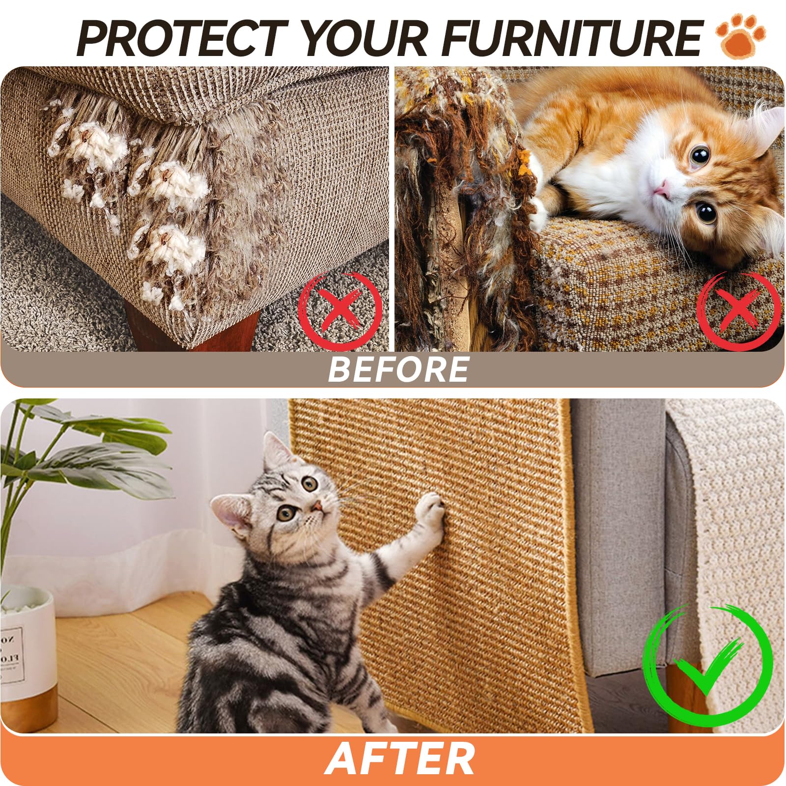 Tappeto Tiragraffi Per Gatti 2 Pezzi - 60x30cm, Sisal Naturale, Base Antiscivolo, Marrone - Foto 11