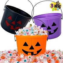 JOYIN 3PCS Halloween Trick or Treat Pumpkin Bucket, Orange Plastic Candy Bucket for Trick or Treating, Black Purple Jack O Lantern Basket and Pails with Handle for Kids Halloween Party Favor Supplies
